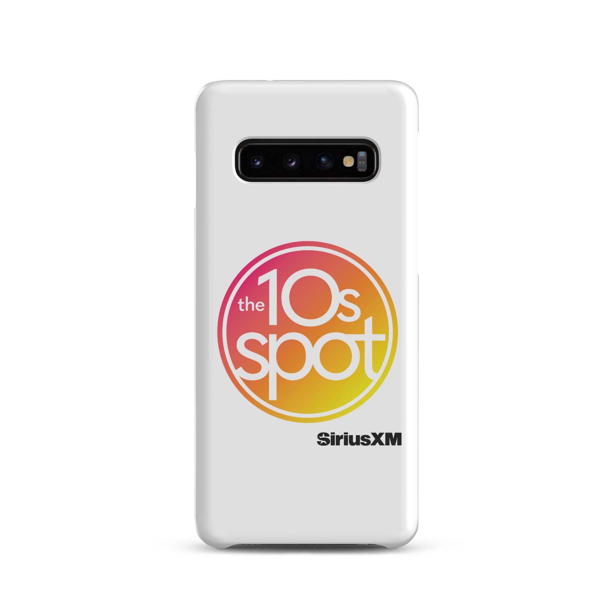 White phone case featuring 'the 10s spot' logo in a pink and yellow gradient and 'SiriusXM' branding.