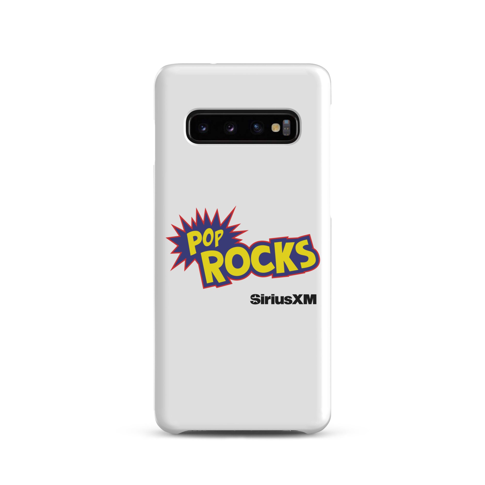A white phone case featuring 'Pop Rocks' explosion graphic design  'SiriusXM' logo.