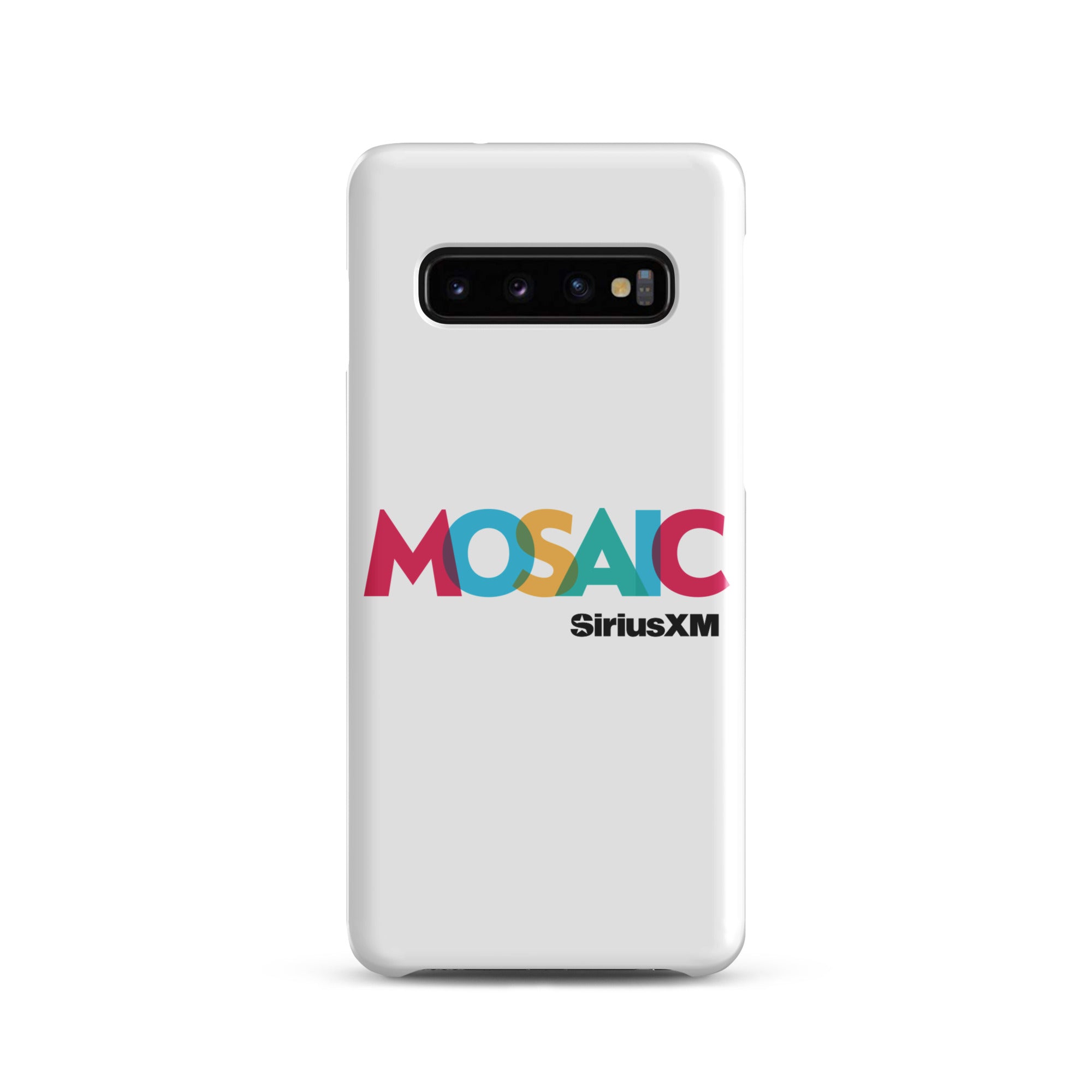White phone case featuring the word 'MOSAIC' in colorful letters and 'SiriusXM' in black.