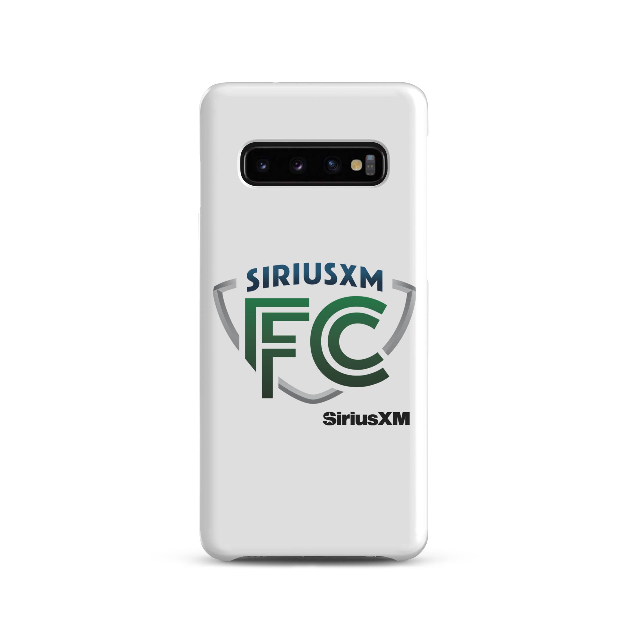 White phone case featuring 'SiriusXM FC' logo in green and blue.
