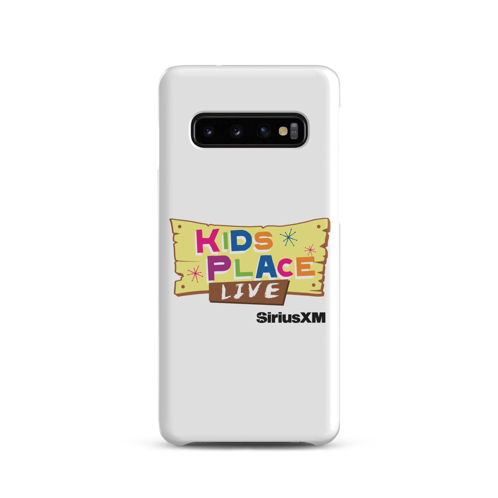 Kids Place Live' logo on a white phone case featuring colorful text and 'SiriusXM' branding.