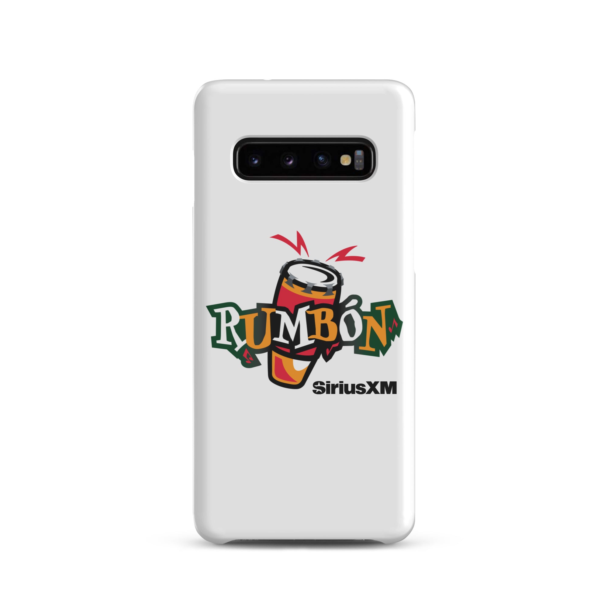 White phone case featuring a colorful 'Rumbón' logo with a conga drum and 'SiriusXM' branding.