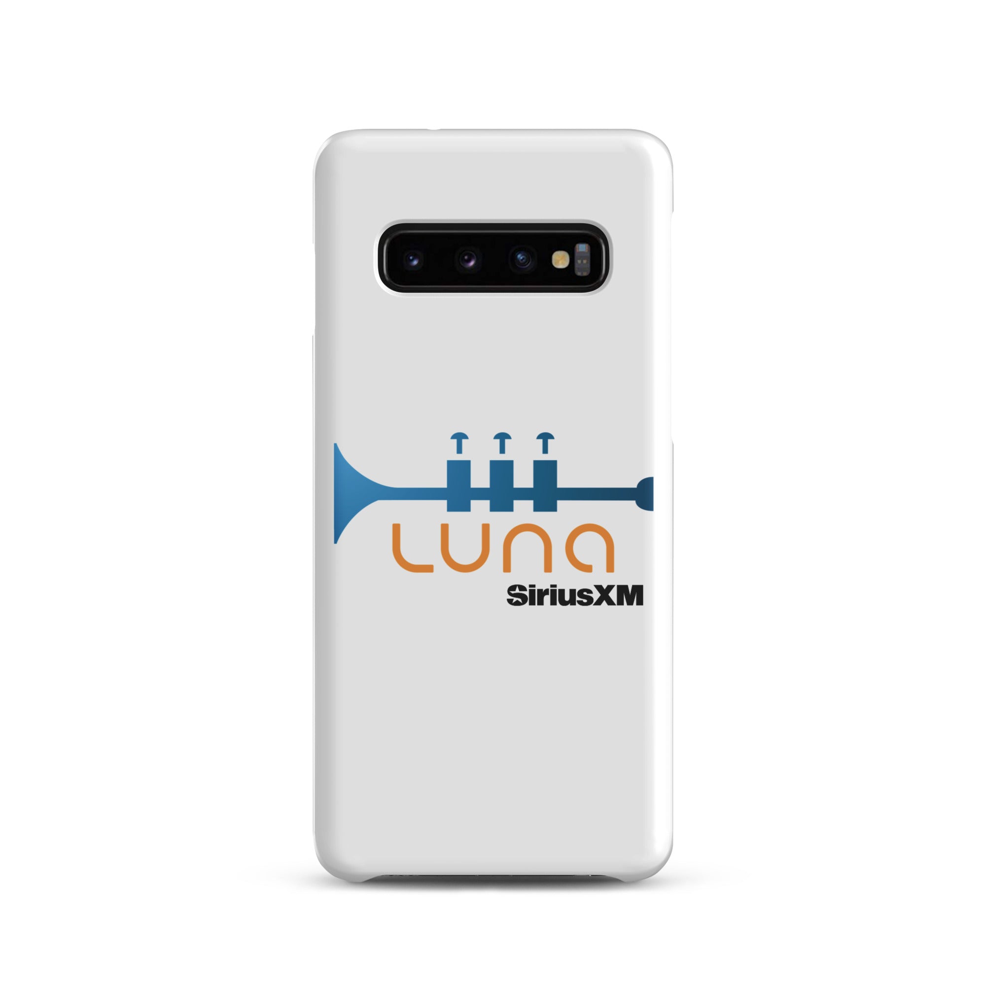 White phone case featuring a blue trumpet graphic and the logo 'LUNA SiriusXM' in orange and black.