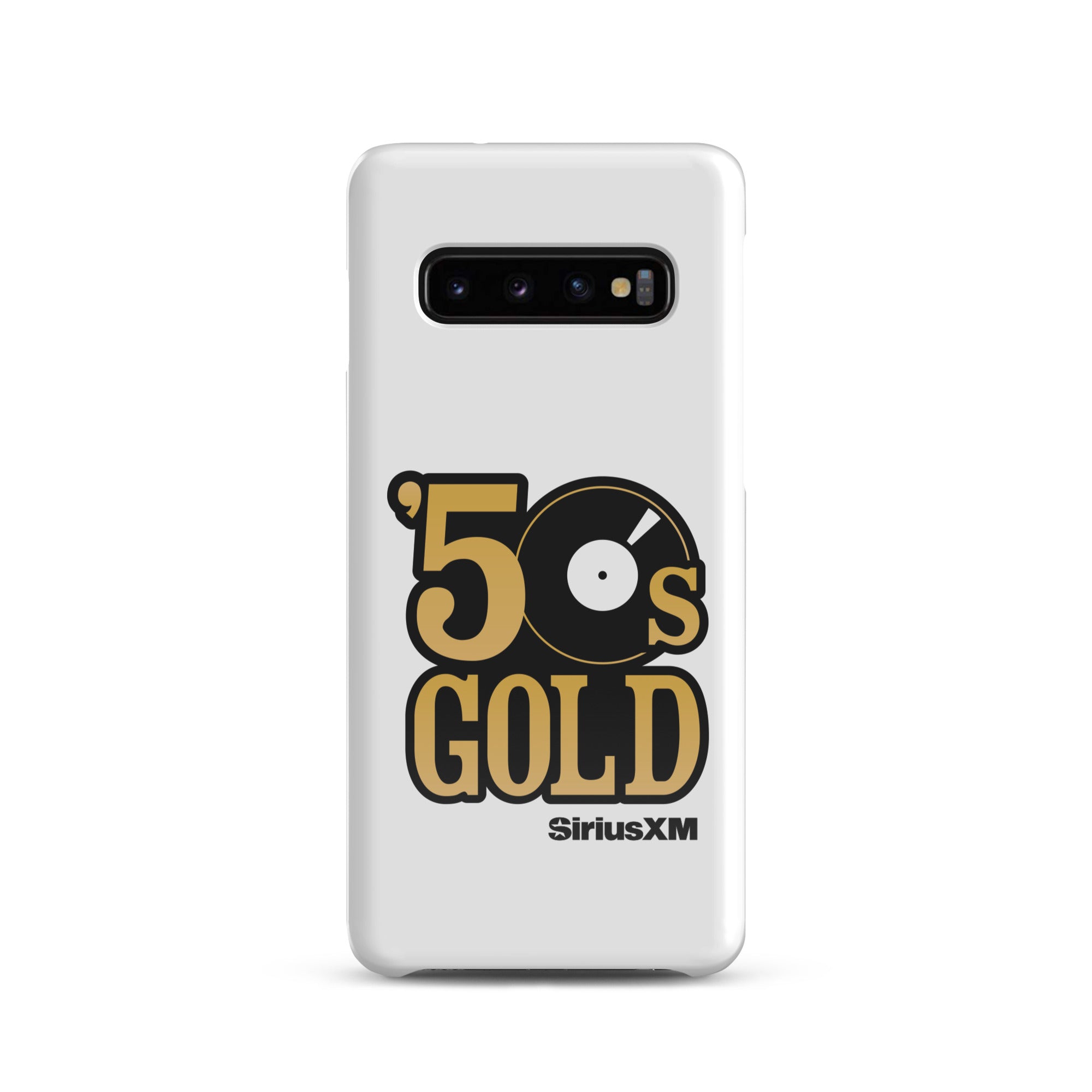 A white phone case featuring '50s GOLD' logo and 'SiriusXM' branding.