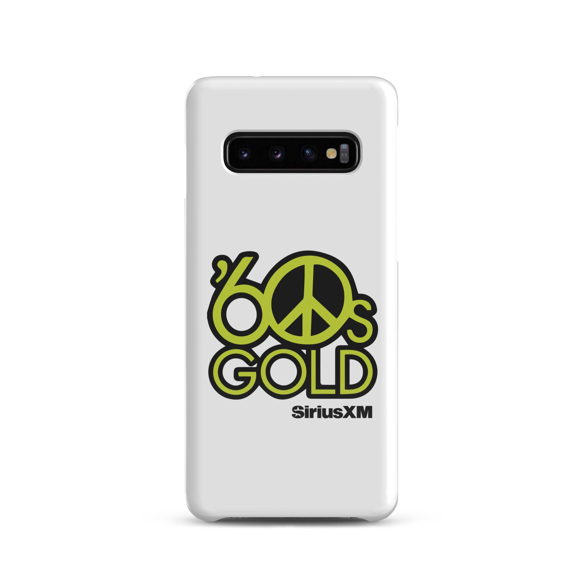A white phone case featuring a retro design with '60s Gold' and a peace symbol, branded by 'SiriusXM.'