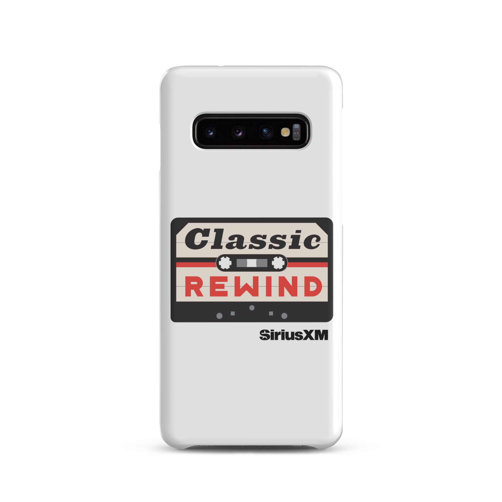 White phone case featuring a cassette tape design with 'Classic Rewind' text and 'SiriusXM' logo.