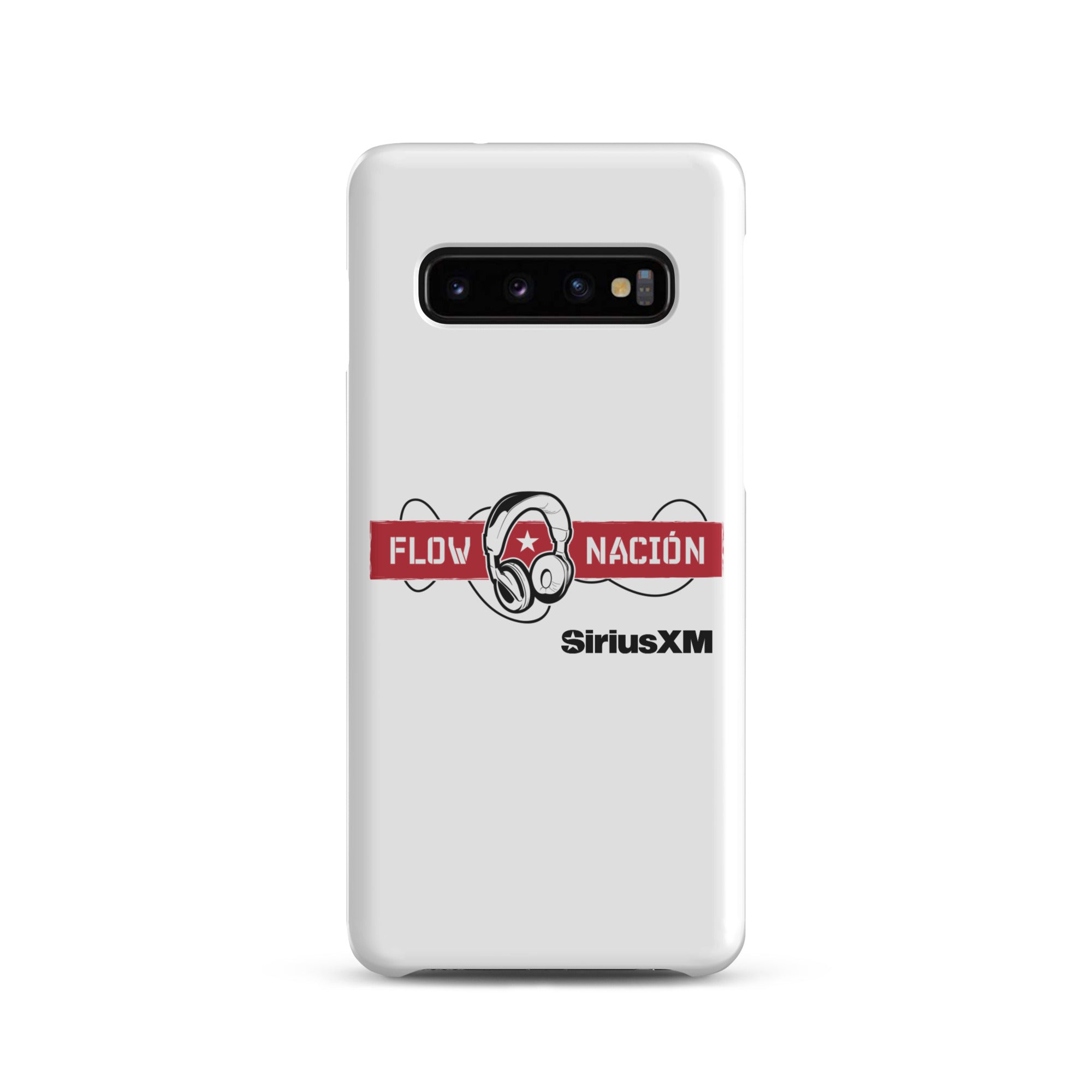A white phone case featuring the 'FLOW NACIÓN' logo with headphones and the 'SiriusXM' branding.