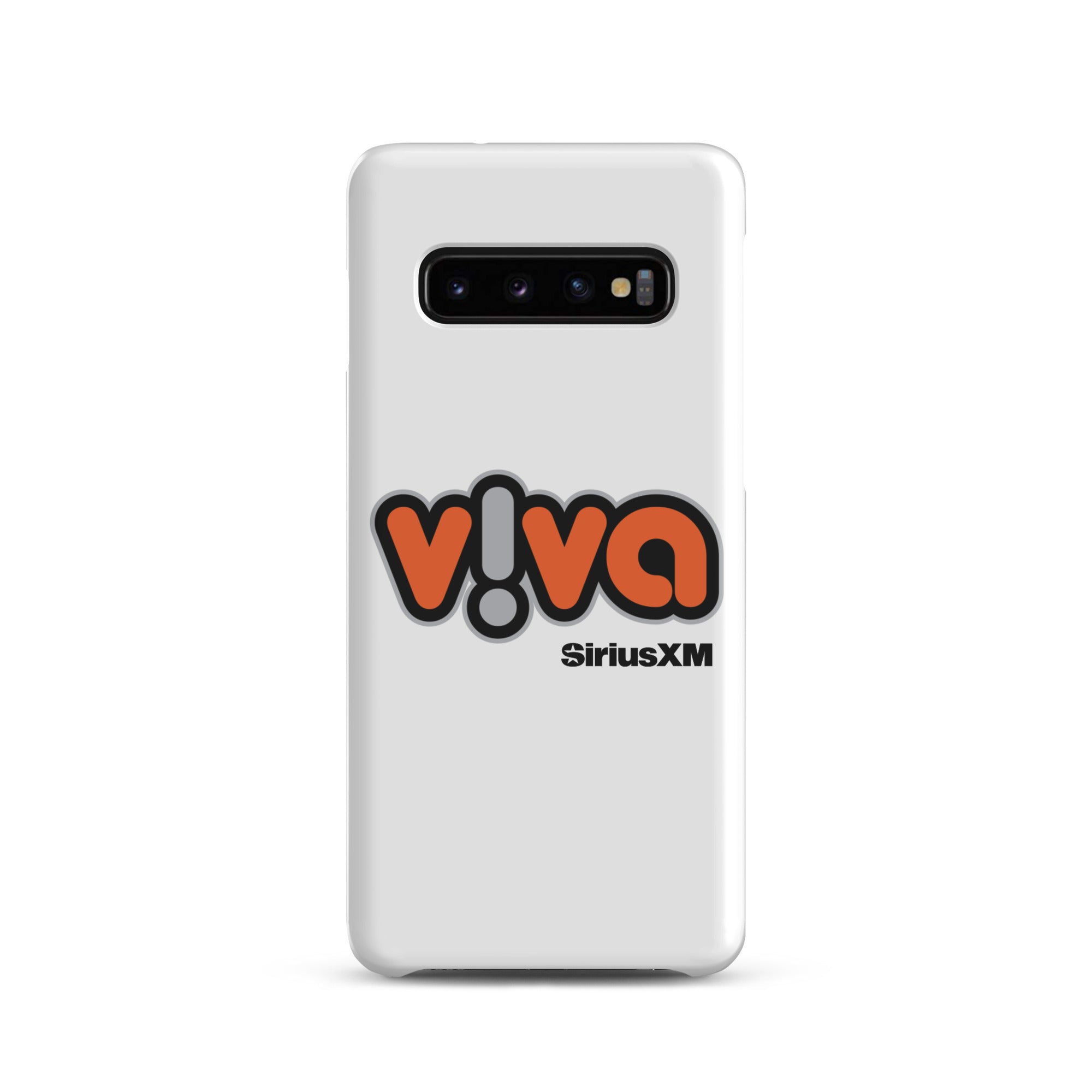White phone case with 'viva' logo in orange and black, featuring 'SiriusXM' branding.