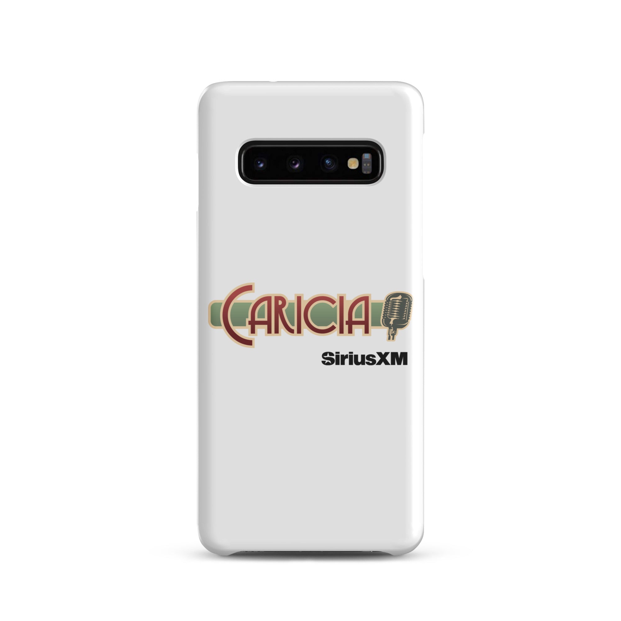 White phone case featuring the text 'CARICIA' and 'SiriusXM' with a microphone graphic.