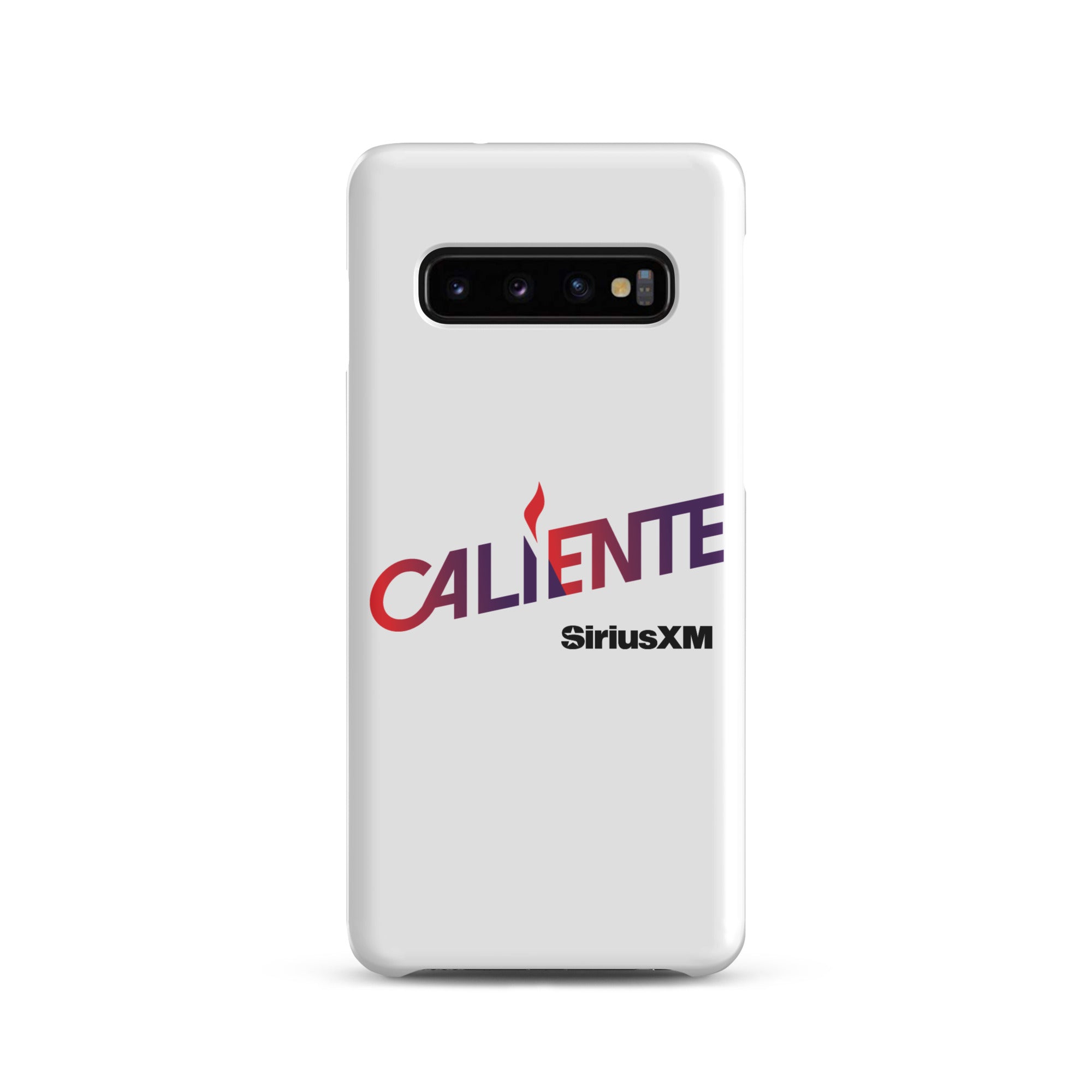 A white phone case with the word 'CALIENTE' in red and purple, and the 'SiriusXM' logo underneath.