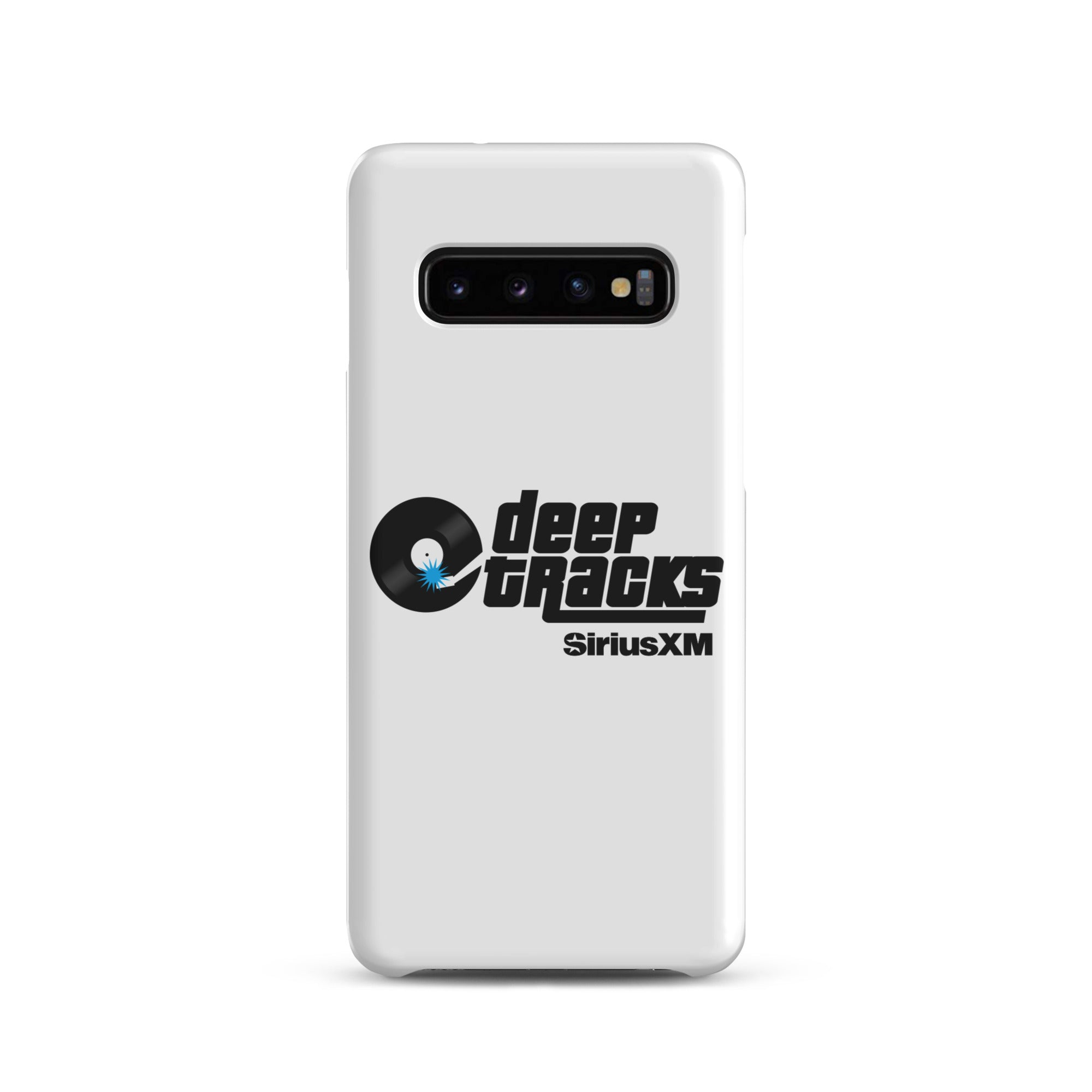 White smartphone case featuring the 'deep tracks' logo and 'SiriusXM' branding.