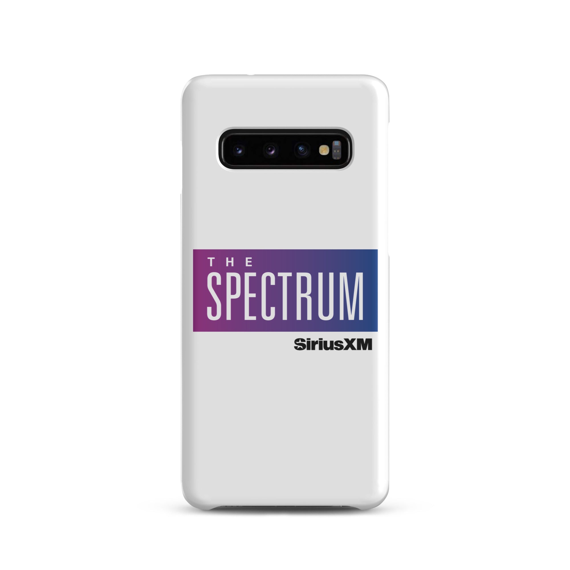 White phone case featuring 'THE SPECTRUM' logo and 'SiriusXM' text in blue and purple.