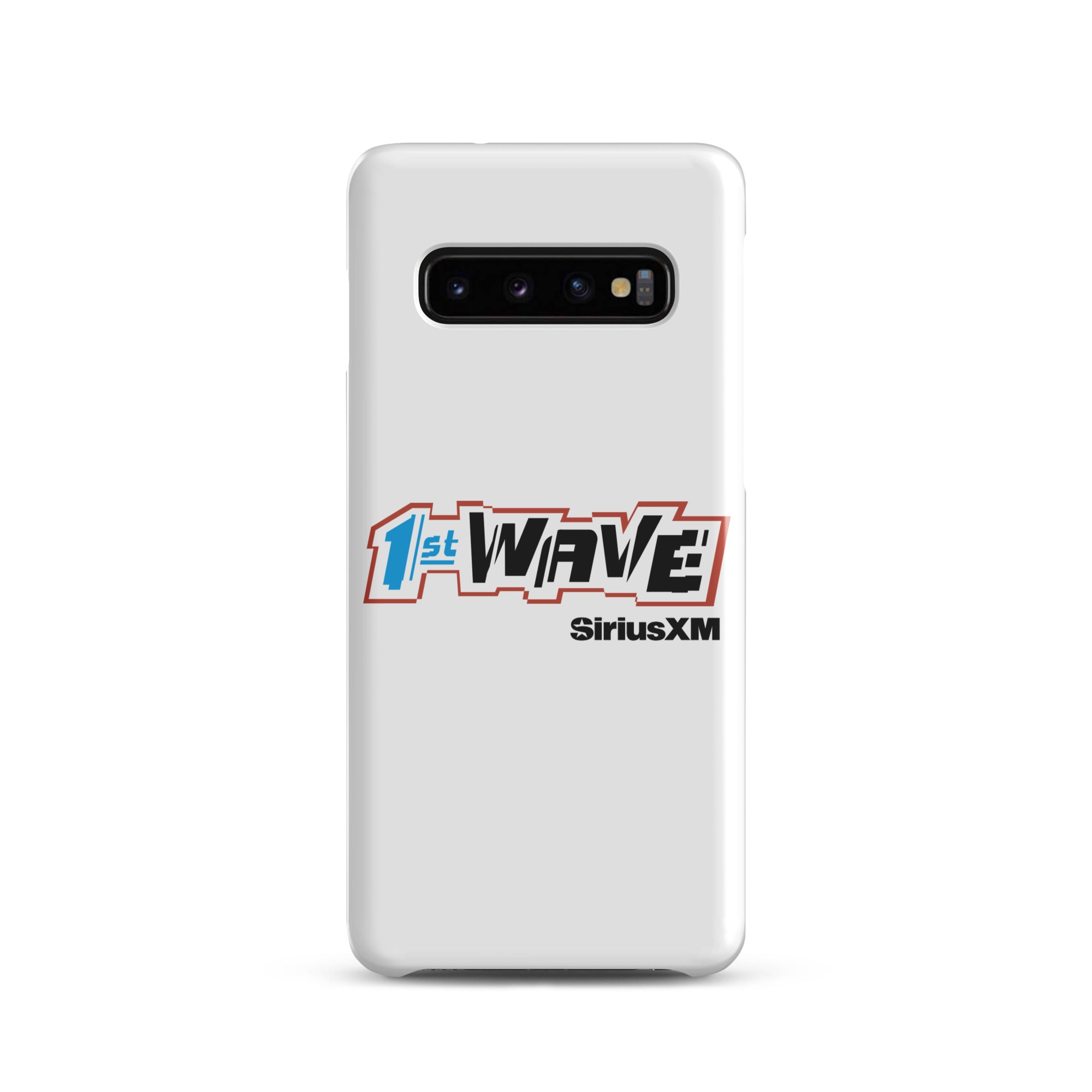 White phone case featuring 'SiriusXM 1st Wave' logo and black 'SiriusXM' branding.