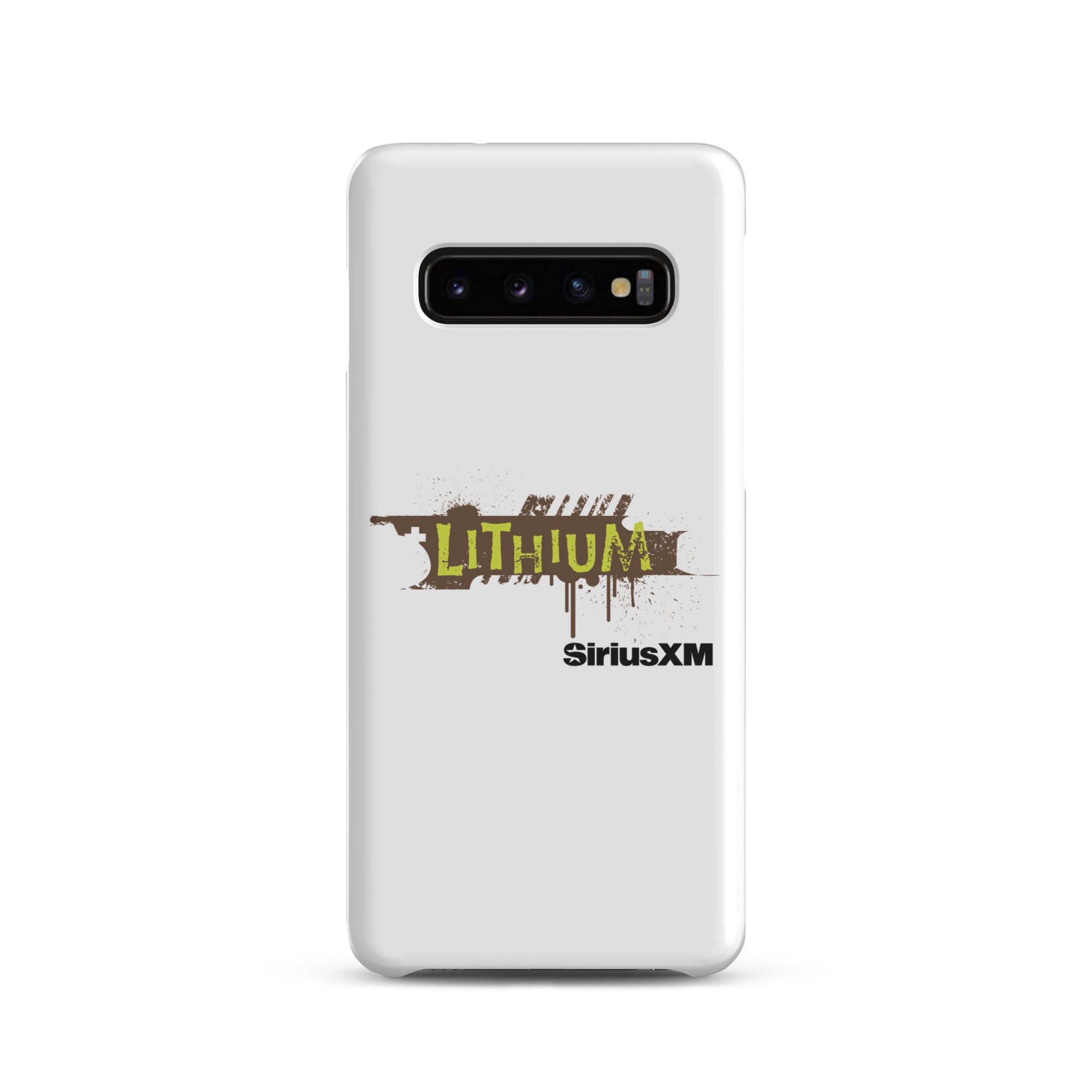White phone case featuring 'LITHIUM' and 'SiriusXM' logos with a grunge design.