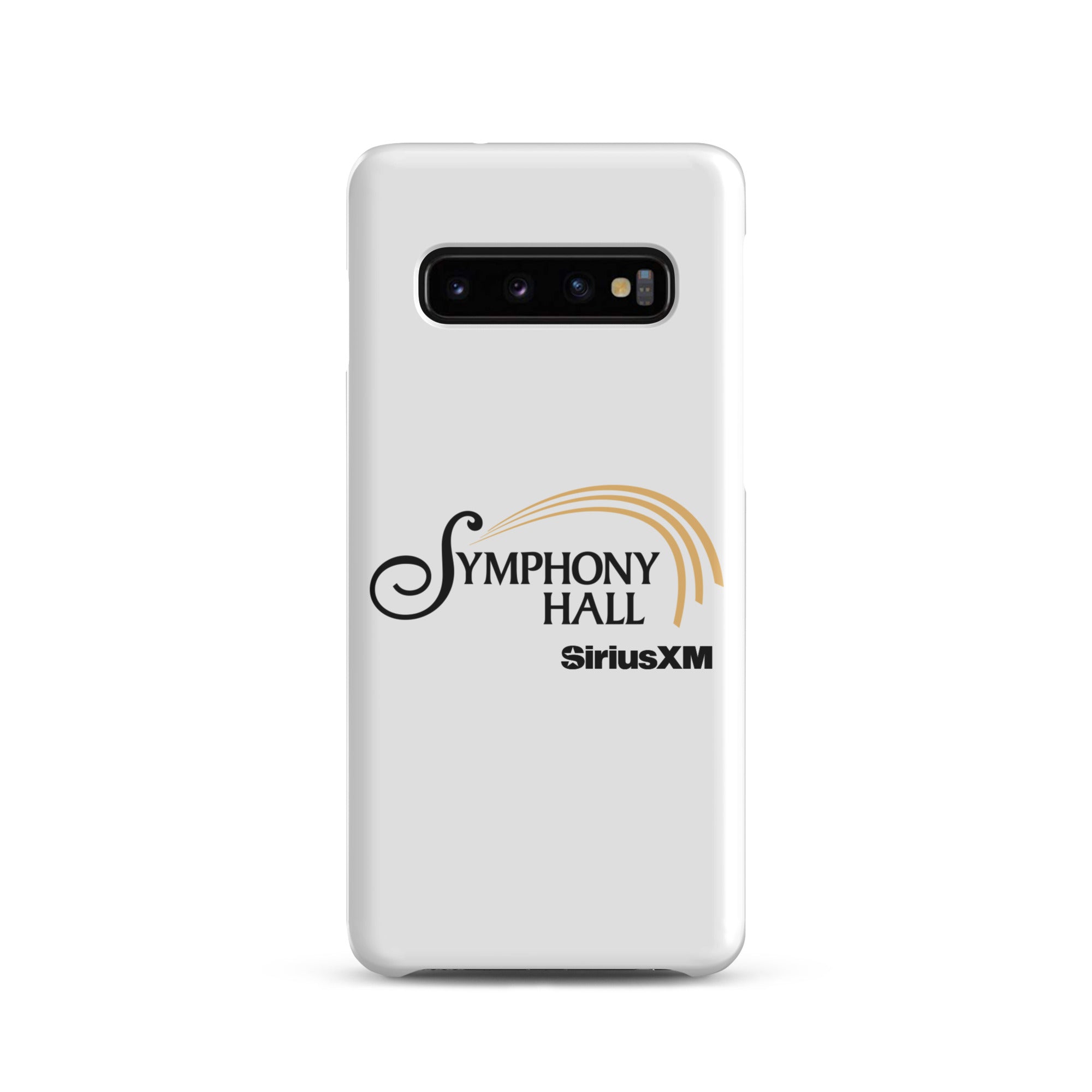 White phone case featuring the words 'Symphony Hall' and 'SiriusXM' in black and gold.
