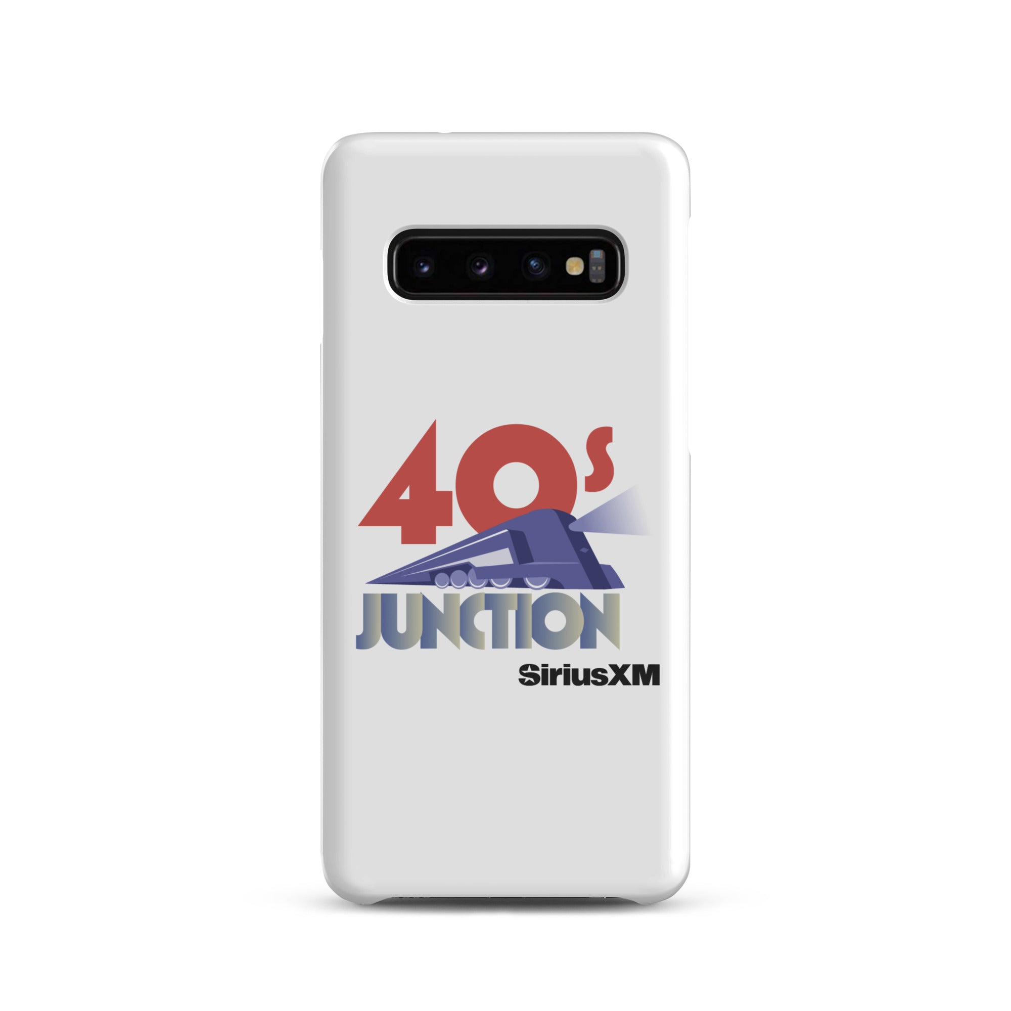 White phone case featuring a design with '40s Junction' and a train graphic, branded with 'SiriusXM.'