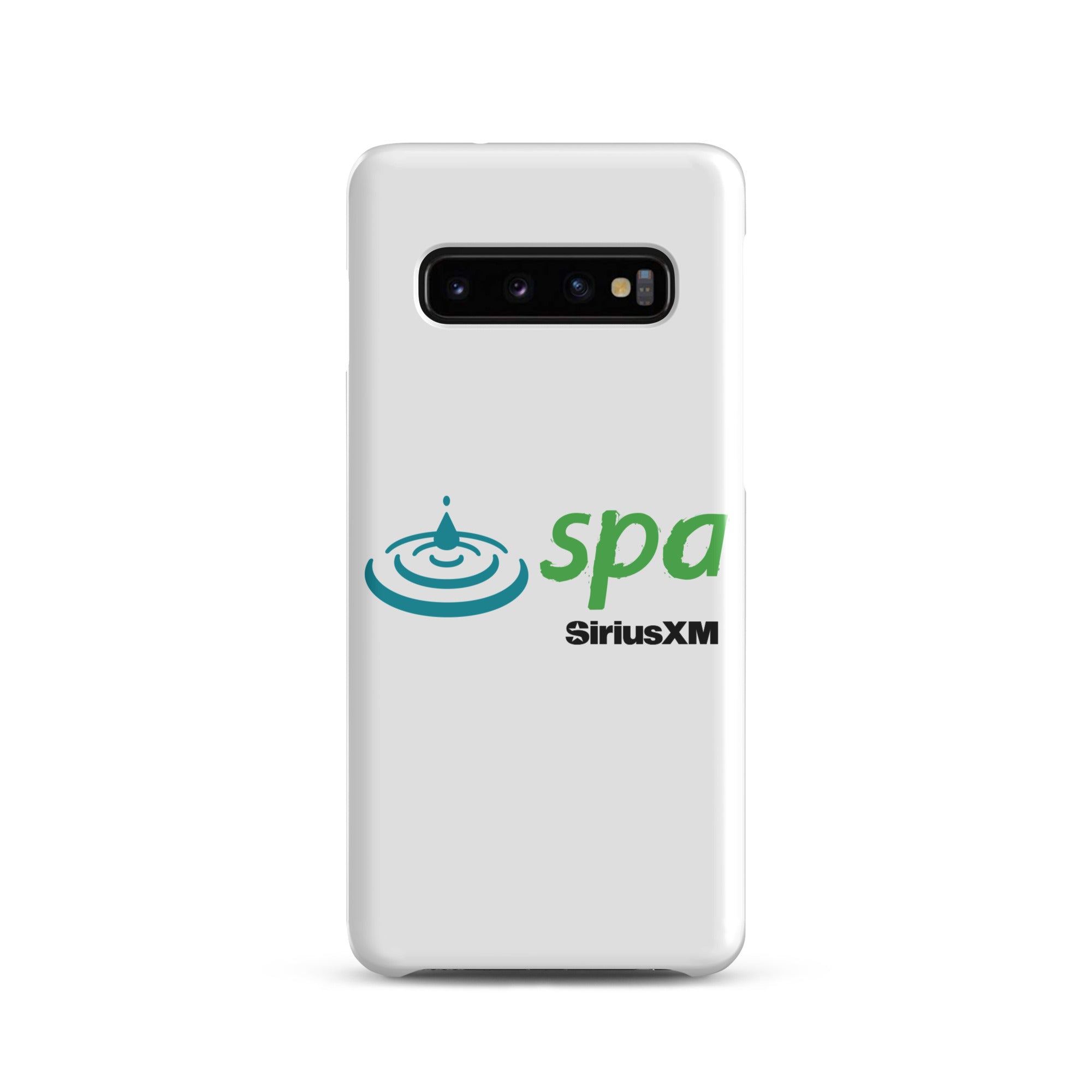 White phone case featuring 'spa' and 'SiriusXM' logos with a water ripple design.