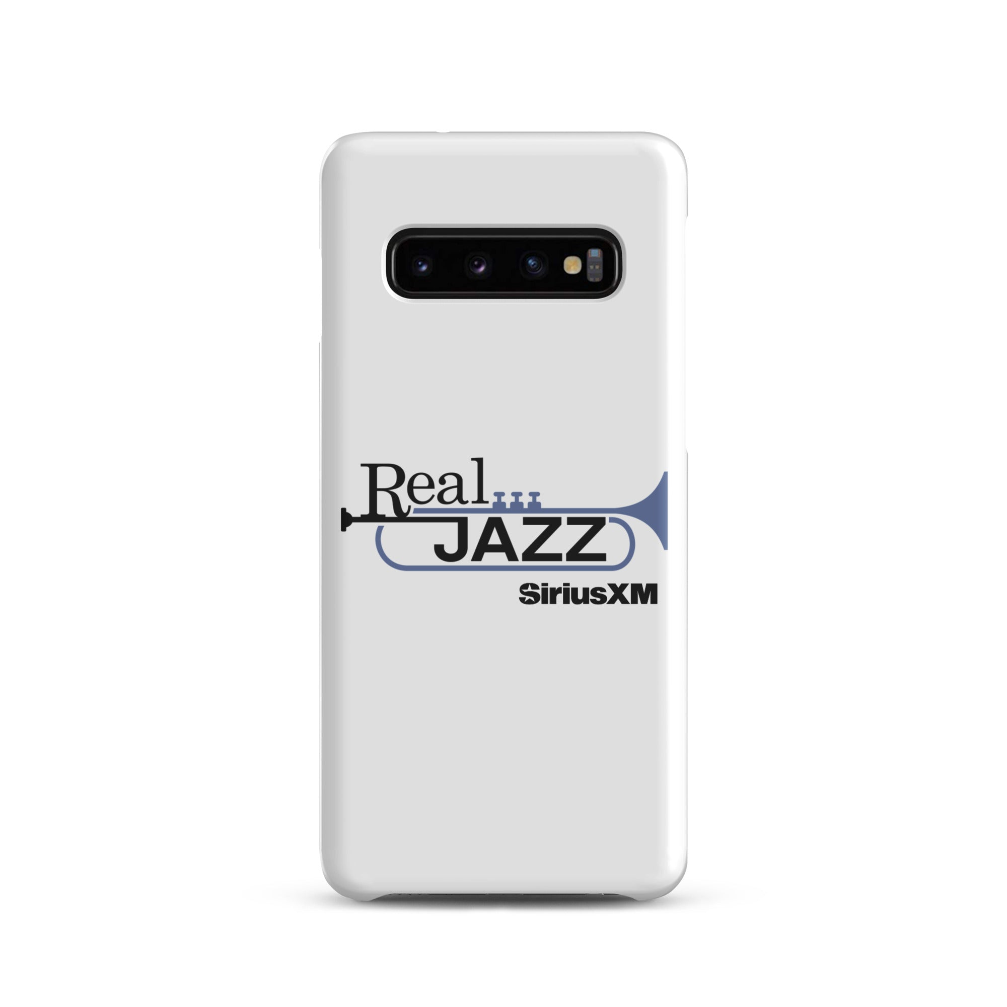 White phone case featuring 'Real Jazz' logo with trumpet and 'SiriusXM' text.