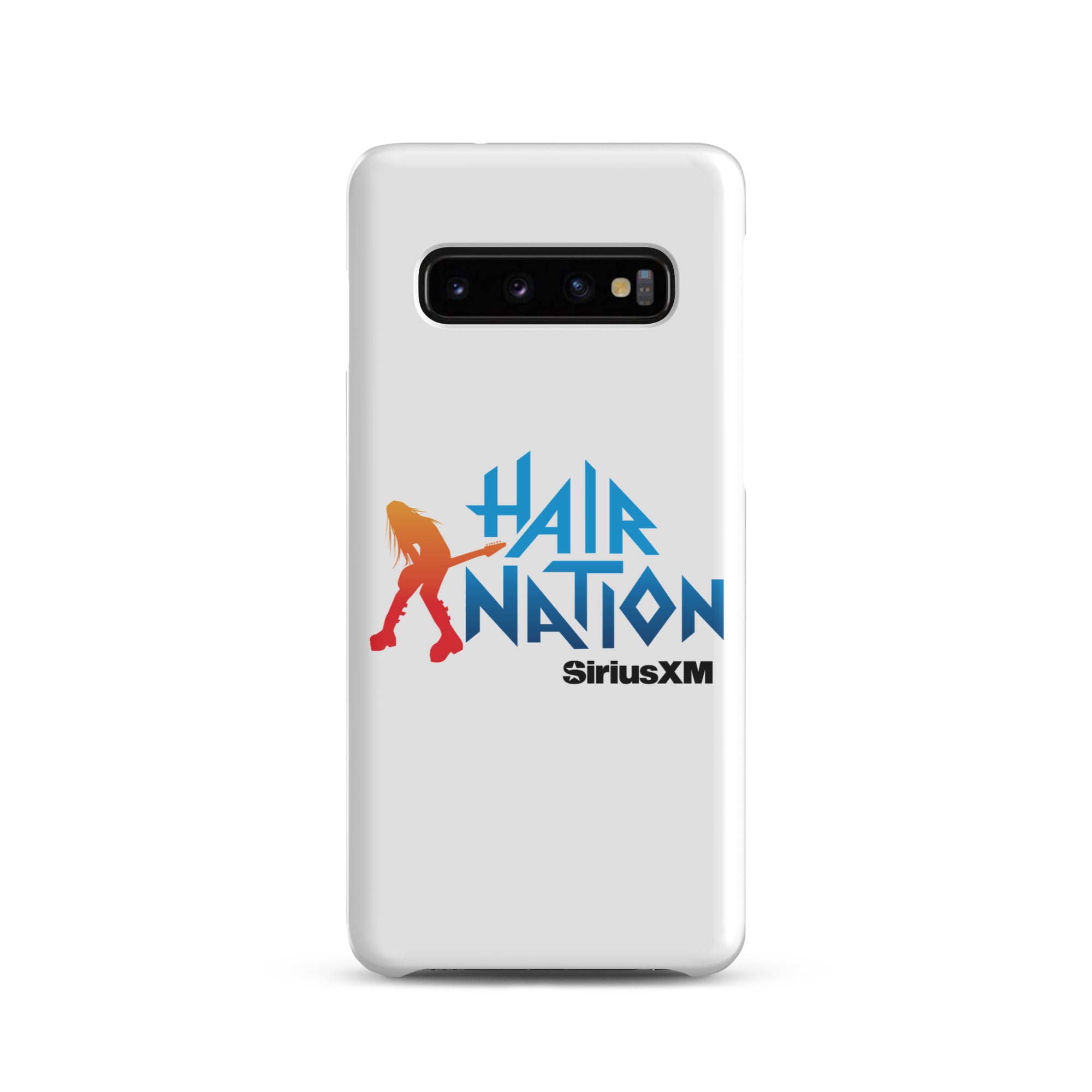 White phone case featuring the 'Hair Nation' logo in blue and orange with a colorful silhouette of a guitarist and black 'SiriusXM' branding.