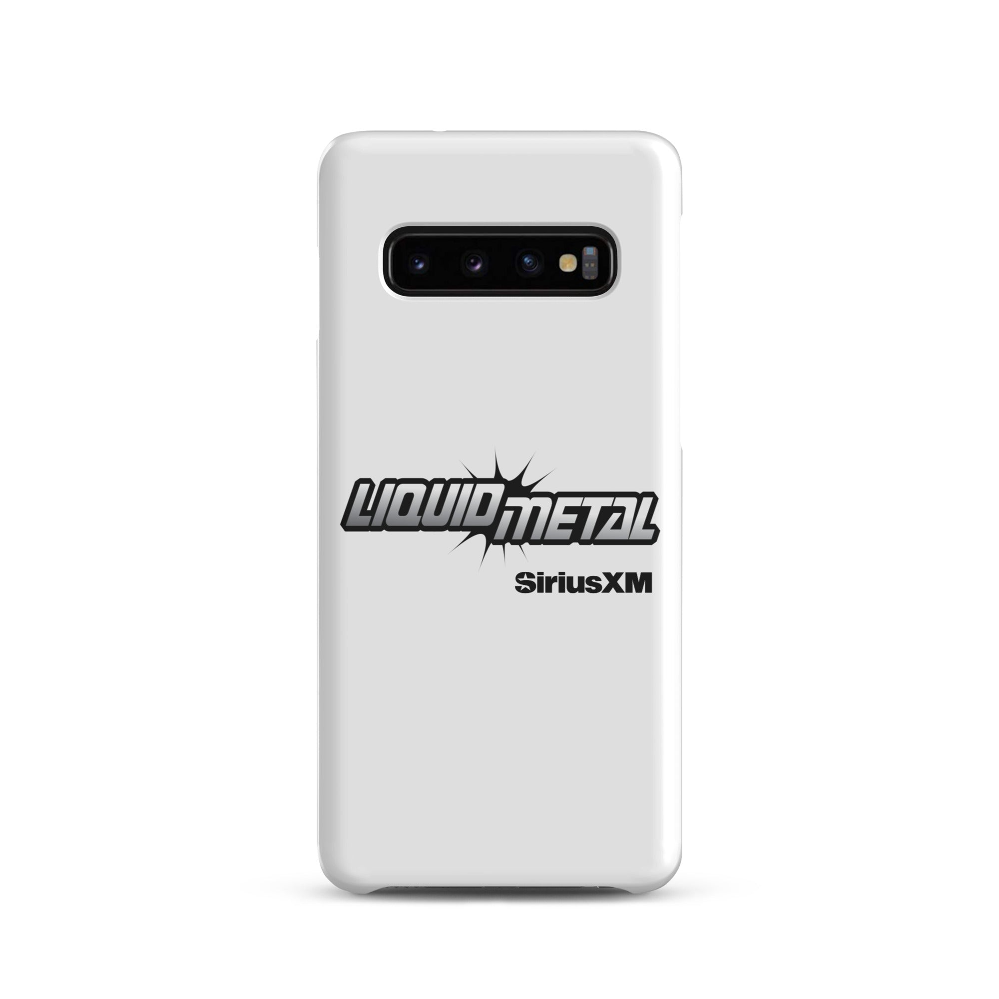 White phone case featuring 'LIQUID METAL' logo and 'SiriusXM' branding.