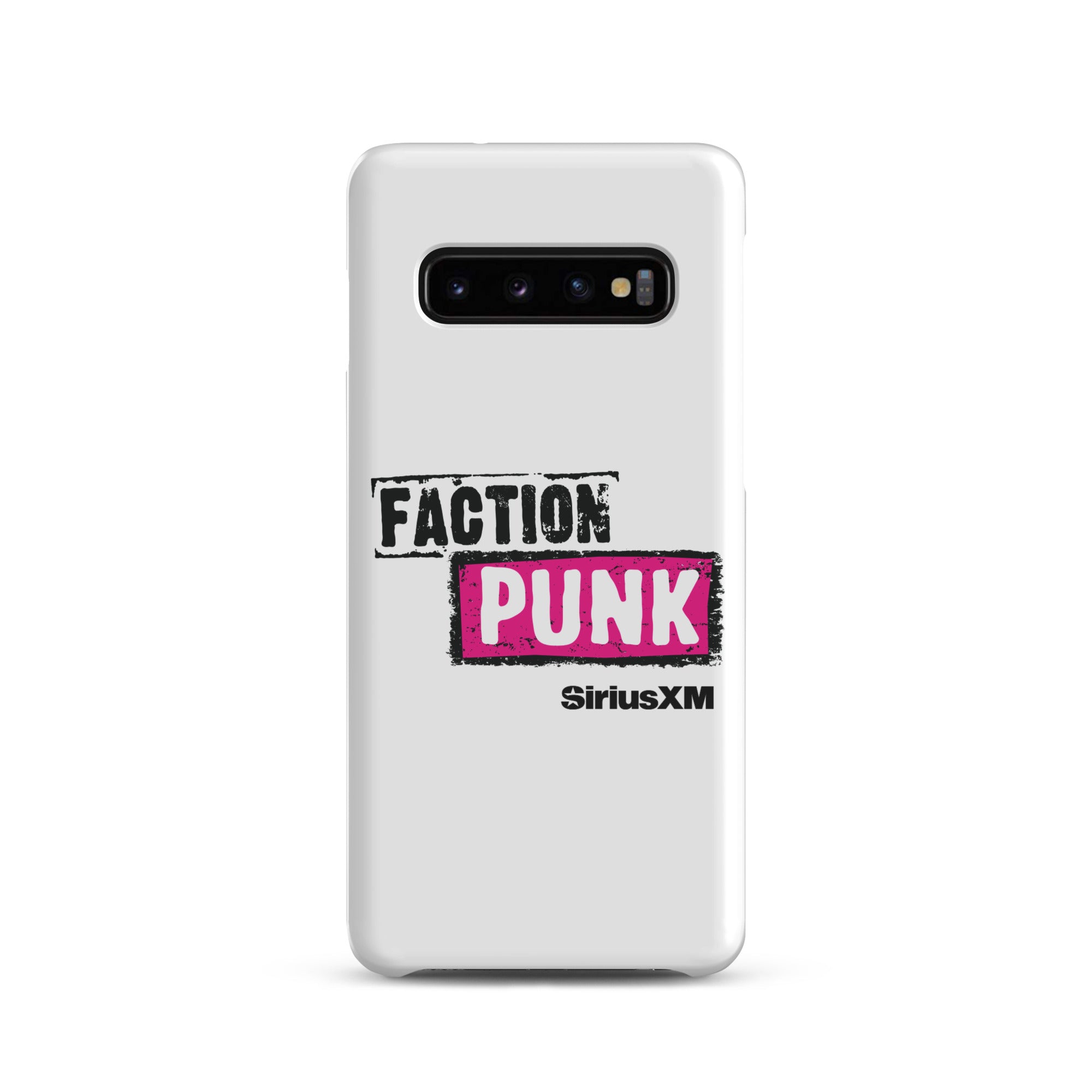 A white phone case with the words 'FACTION PUNK' in bold black and pink lettering and 'SiriusXM' branding.