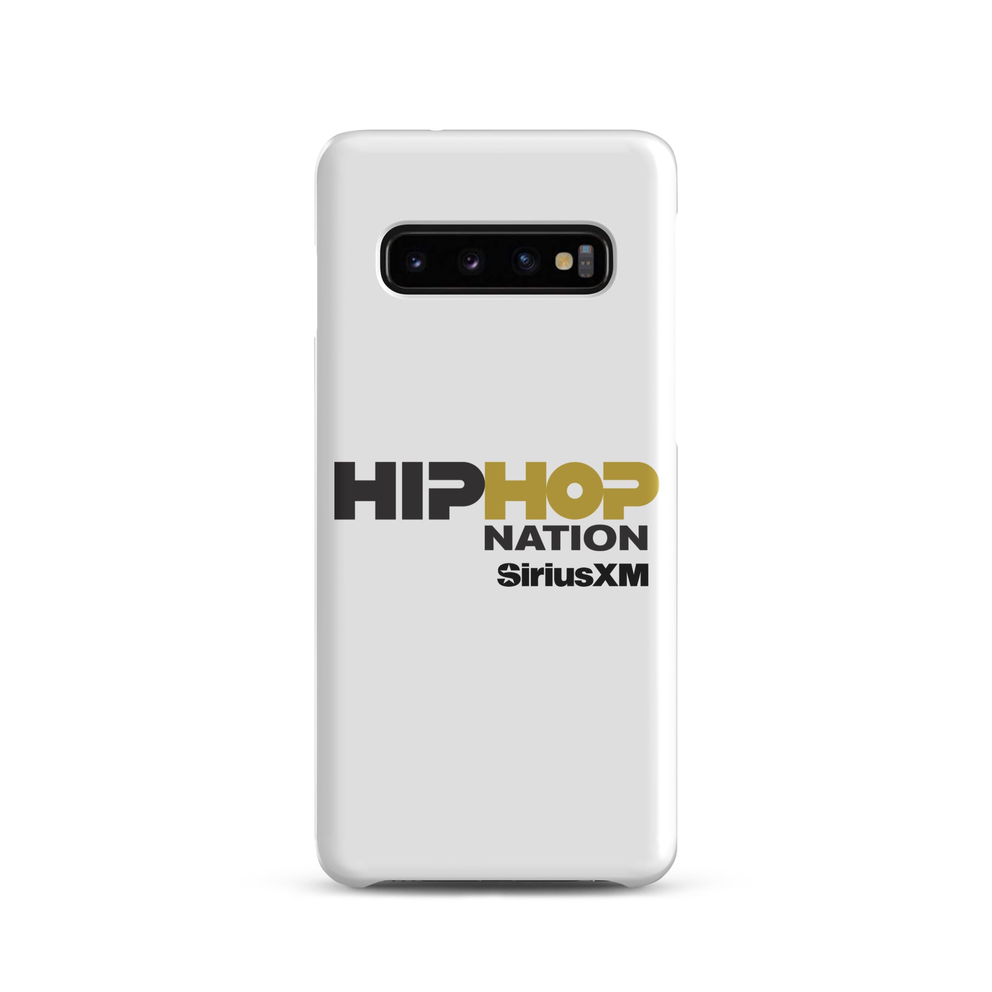 A white phone case featuring the text 'HIP HOP NATION' and 'SiriusXM' in black and gold.