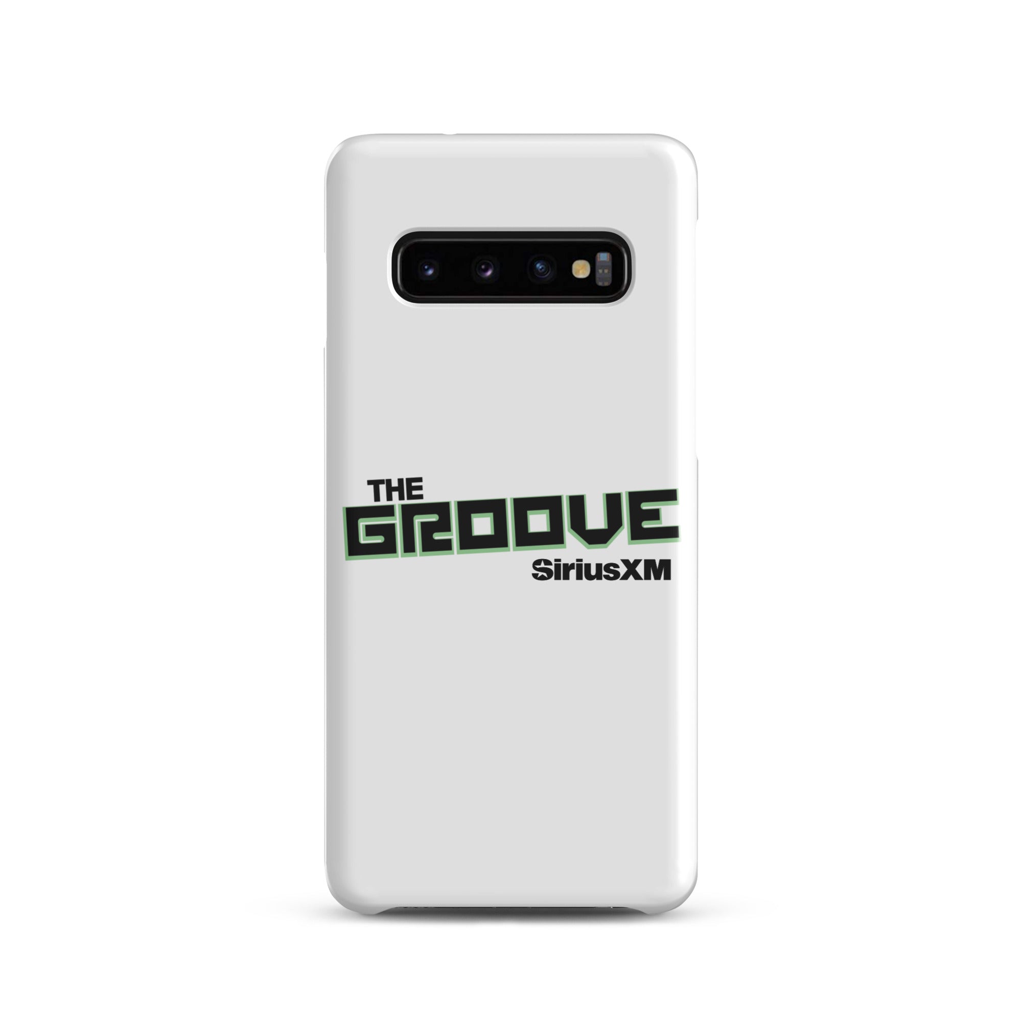 White phone case featuring 'THE GROOVE' and 'SiriusXM' logos in green and black.