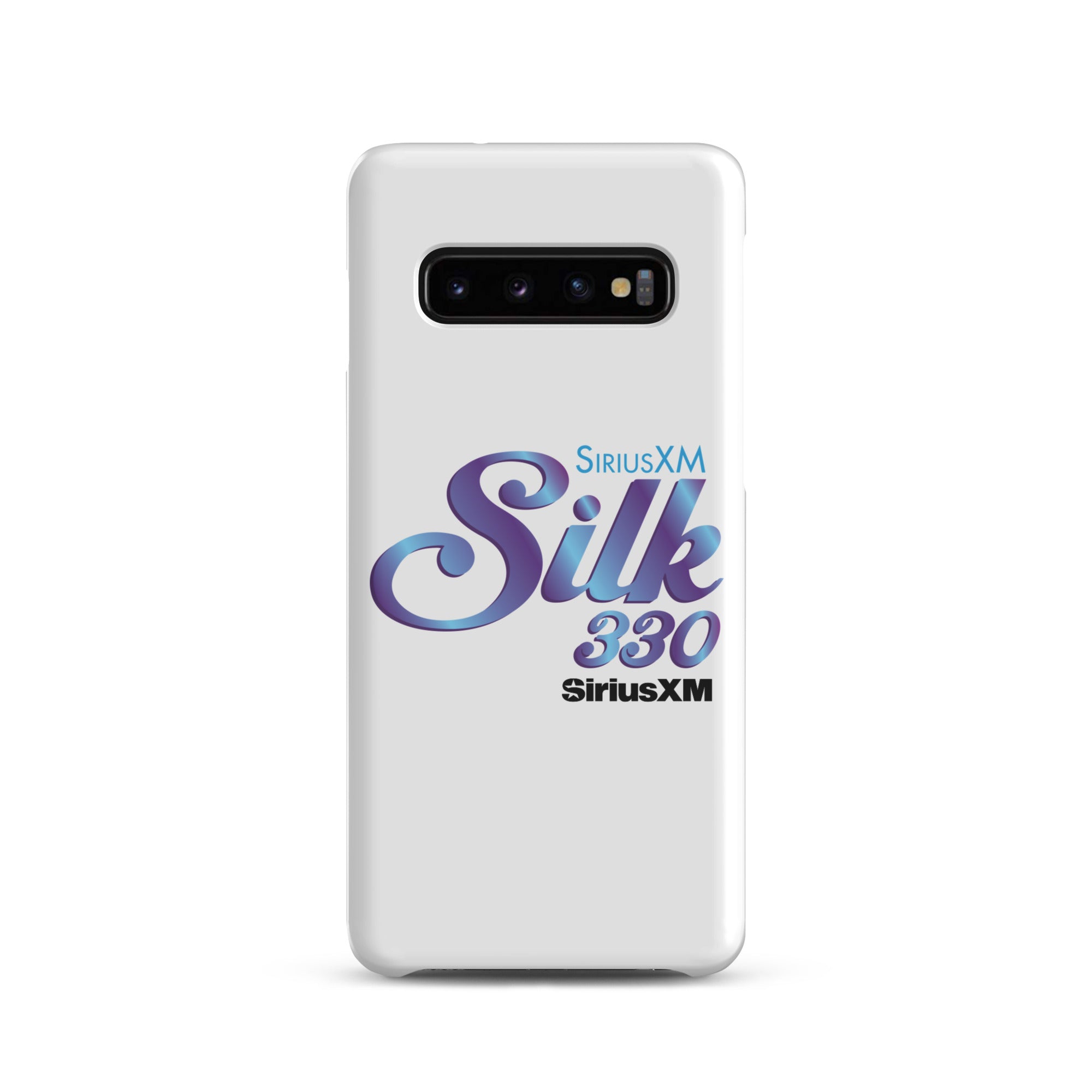 White phone case featuring 'SiriusXM Silk 330' logo in purple and 'SiriusXM' branding in black text.