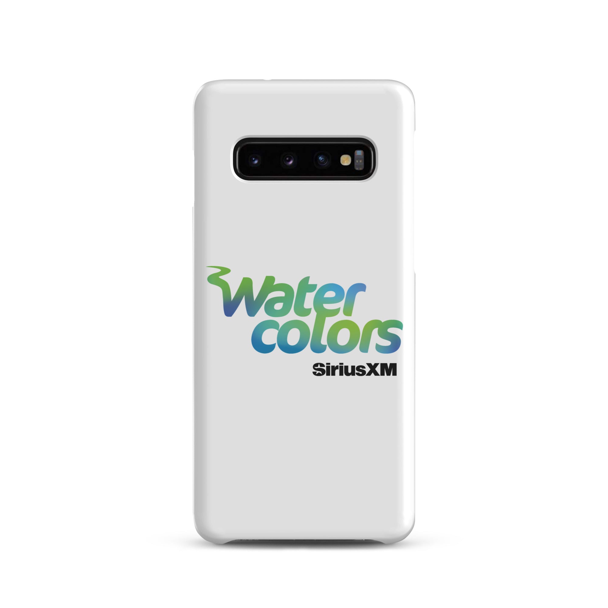 White smartphone case with 'Water colors' logo in blue and green, and 'SiriusXM' in black.