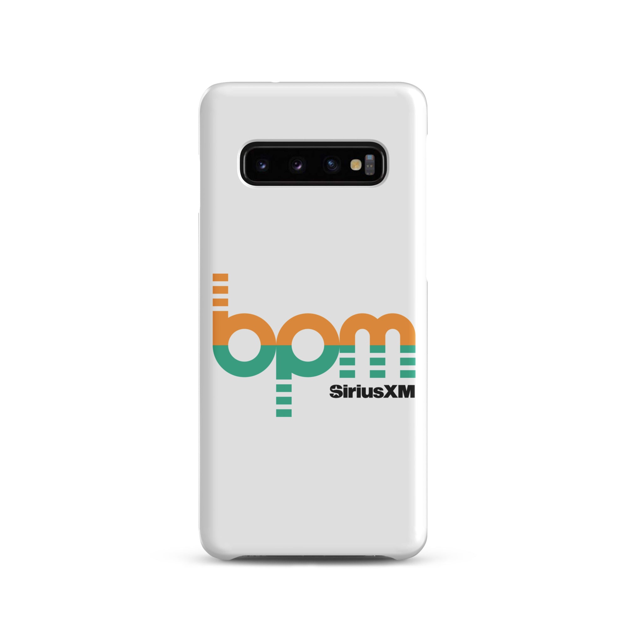 A white phone case featuring the 'BPM SiriusXM' logo in orange and green.