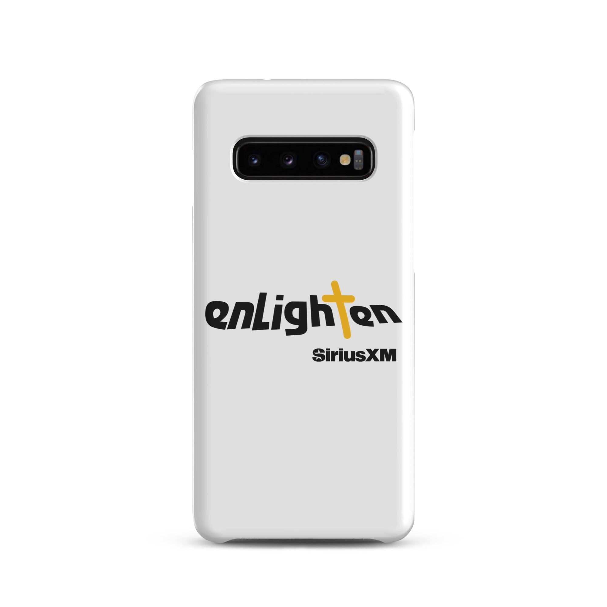 White smartphone case featuring 'enLighten' with black text and a yellow cross and 'SiriusXM' text.