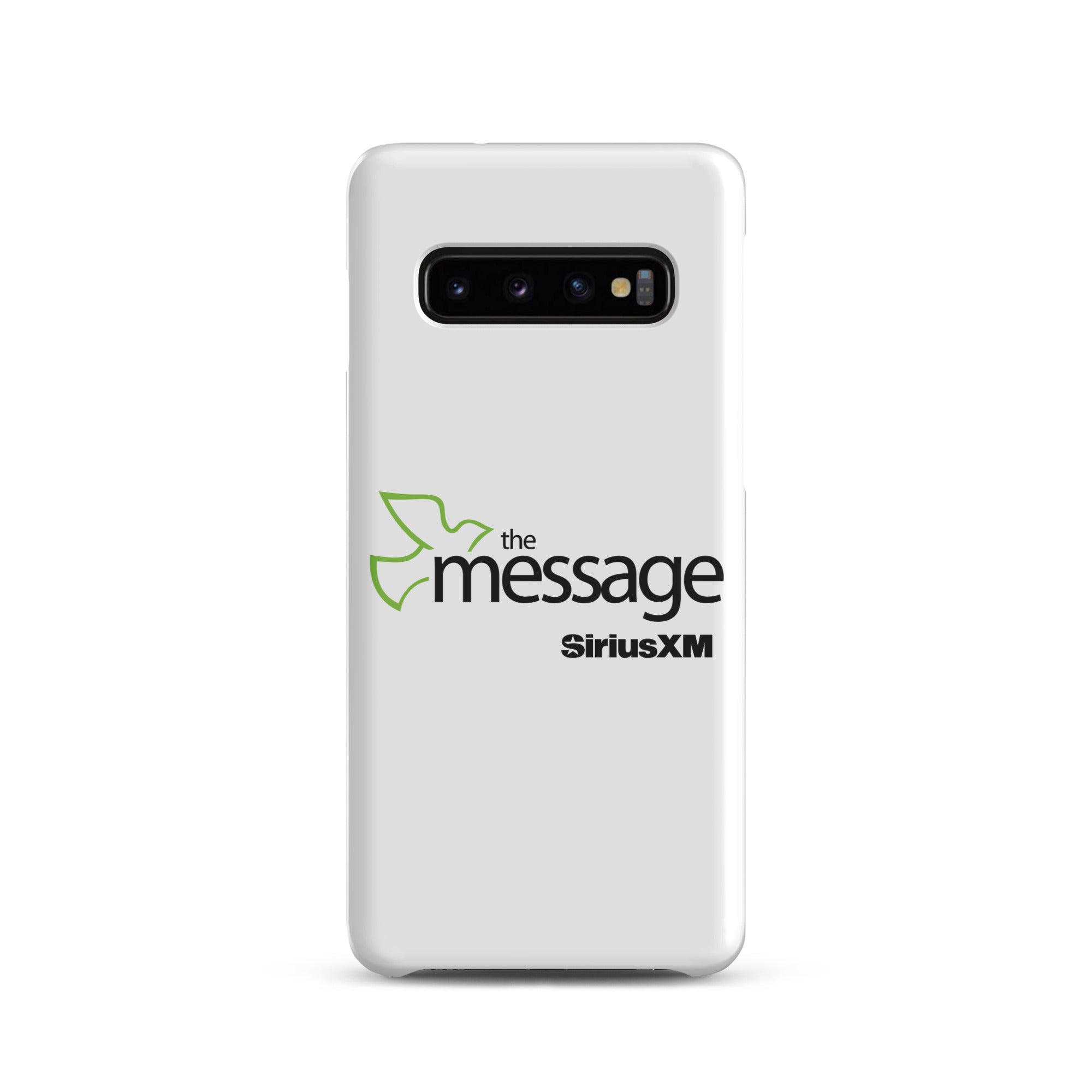 White phone case featuring 'the message' logo alongside 'SiriusXM' branding.