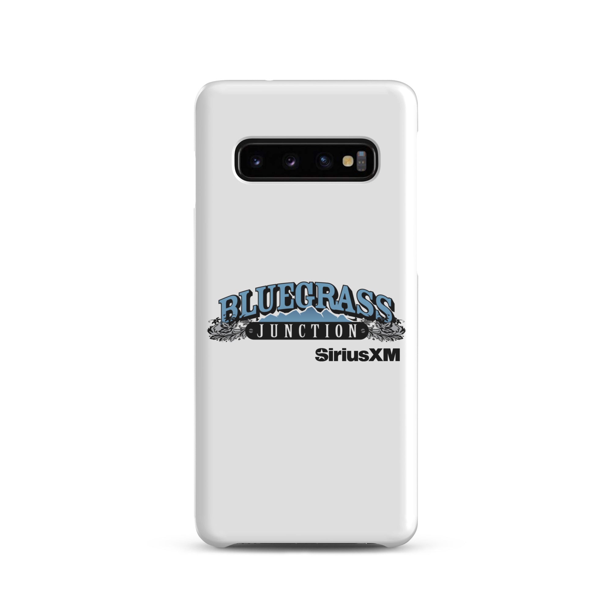 White phone case featuring 'Bluegrass Junction' and 'SiriusXM' logos.