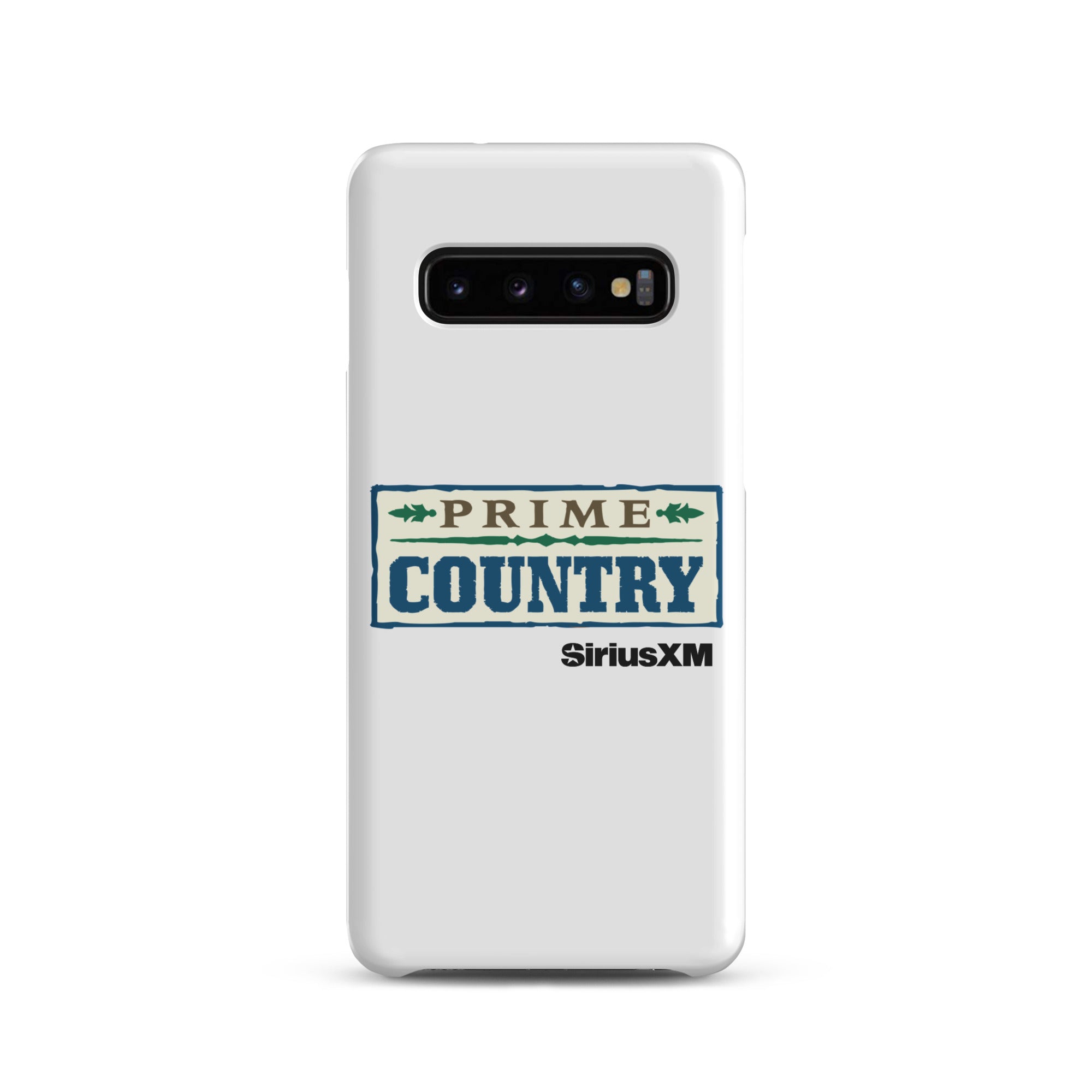 White phone case featuring the 'Prime Country' logo and 'SiriusXM' branding.