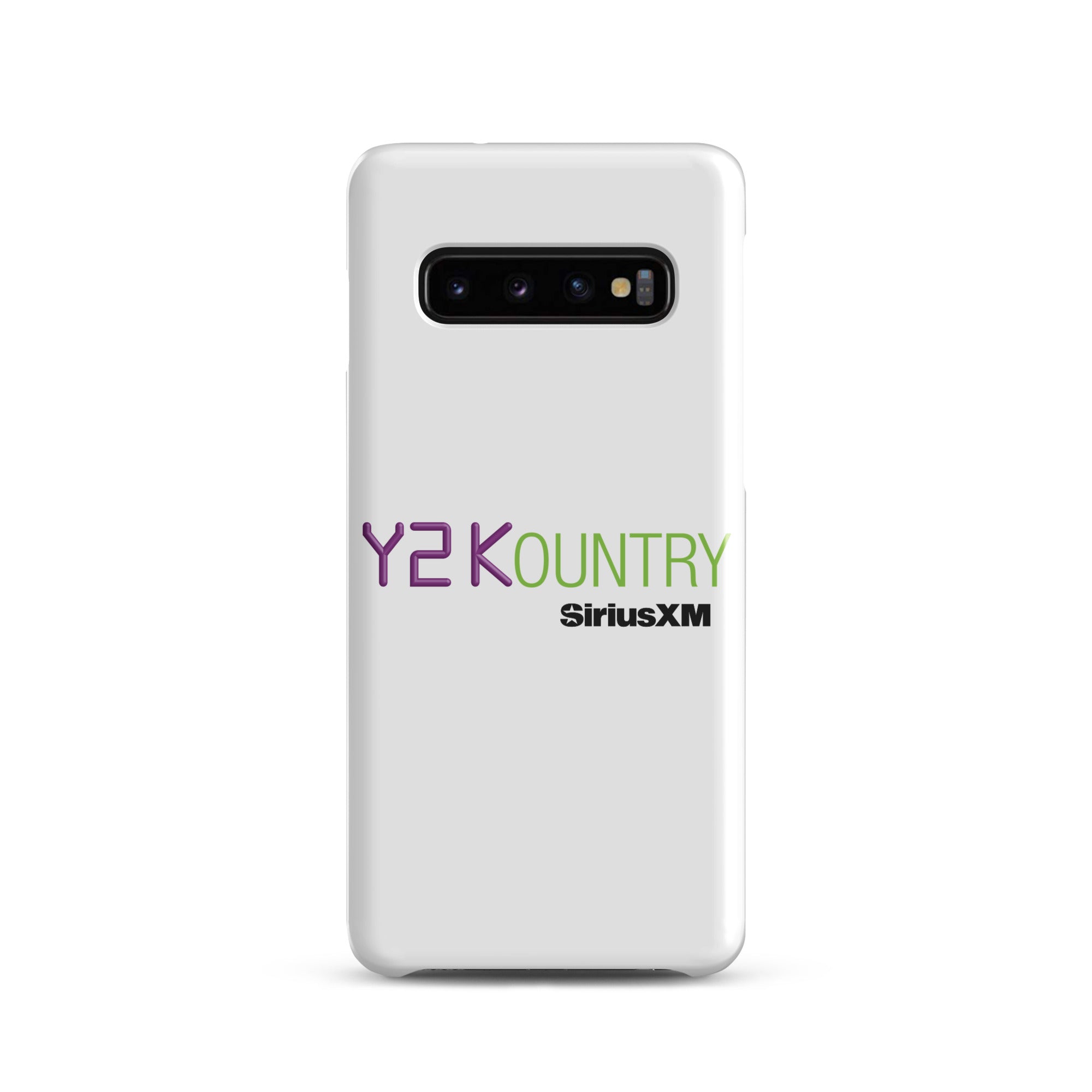 White phone case featuring 'Y2KOUNTRY' and 'SiriusXM' logos in purple and green.