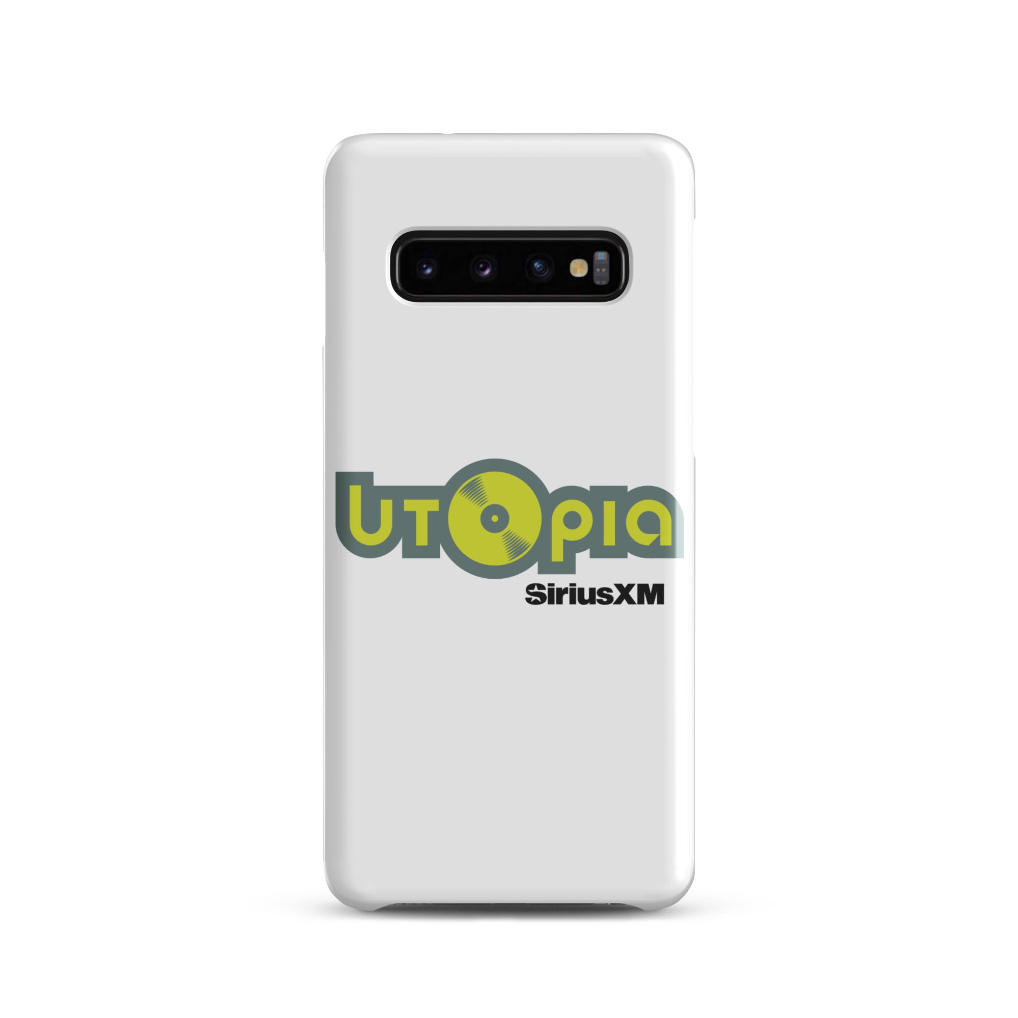 White phone case with the 'Utopia' logo and 'SiriusXM' branding in green and black.