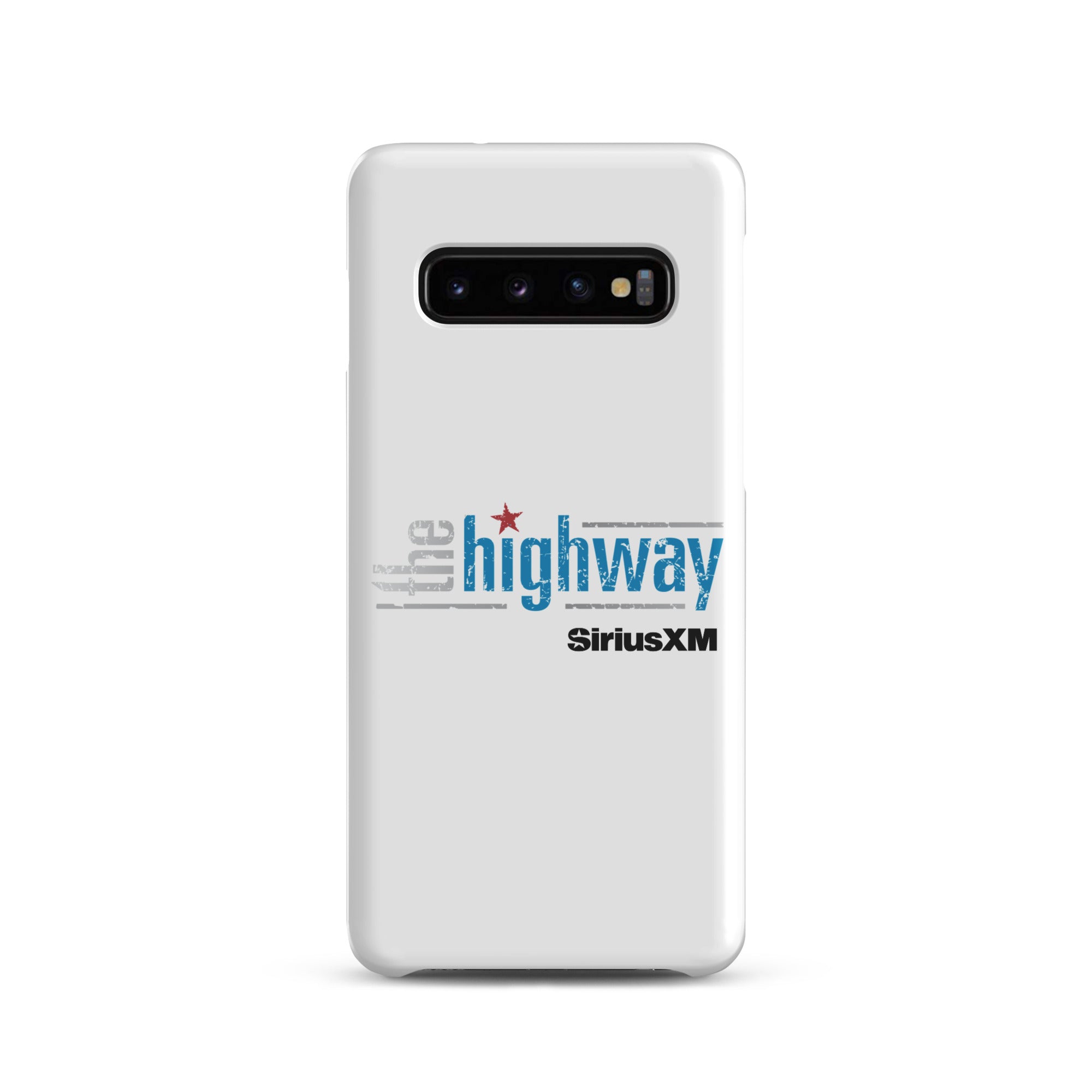 White phone case featuring 'the highway' logo in blue and gray text with a red star and the 'SiriusXM' logo