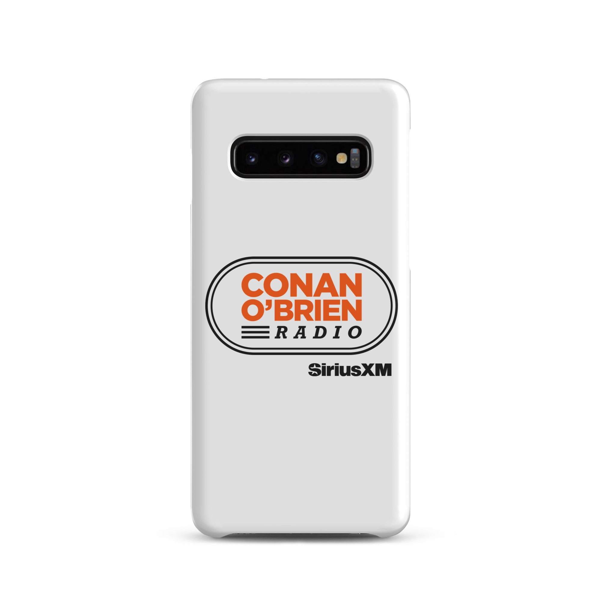 White phone case featuring 'CONAN O'BRIEN RADIO' and 'SiriusXM' logos.