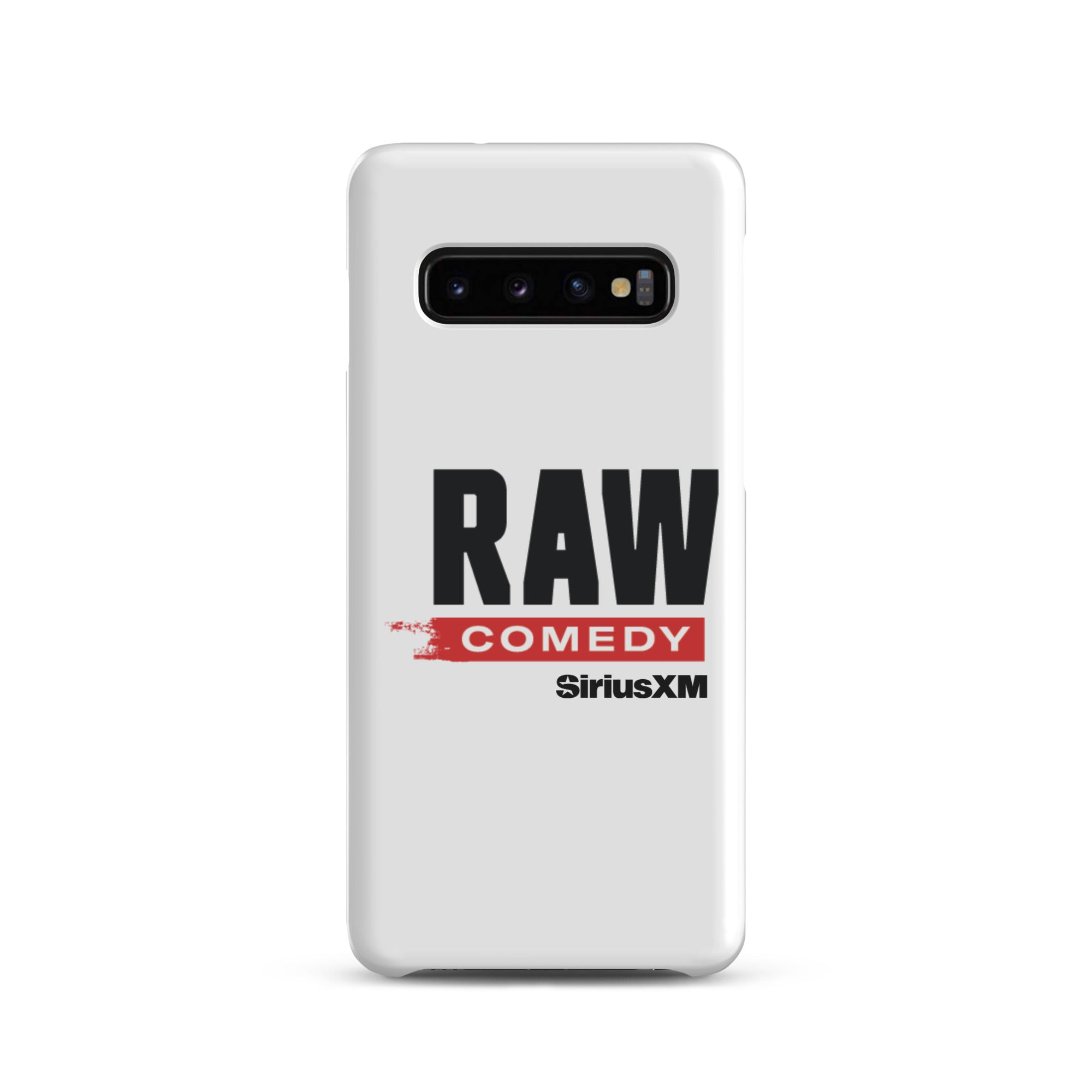 SiriusXM RAW COMEDY' phone case with bold red and black text design on a white background.