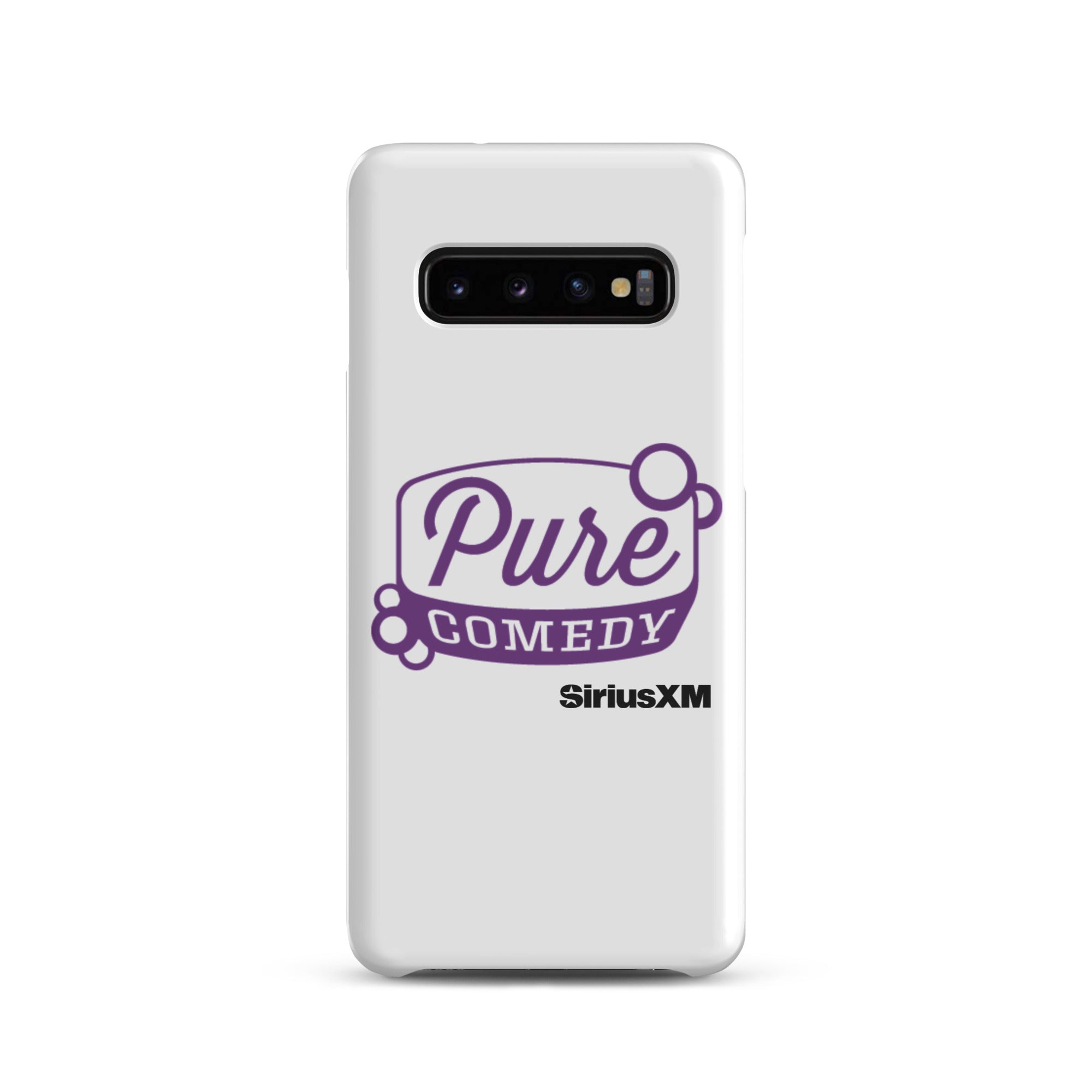 White phone case featuring 'Pure Comedy' in purple text and the 'SiriusXM' logo.
