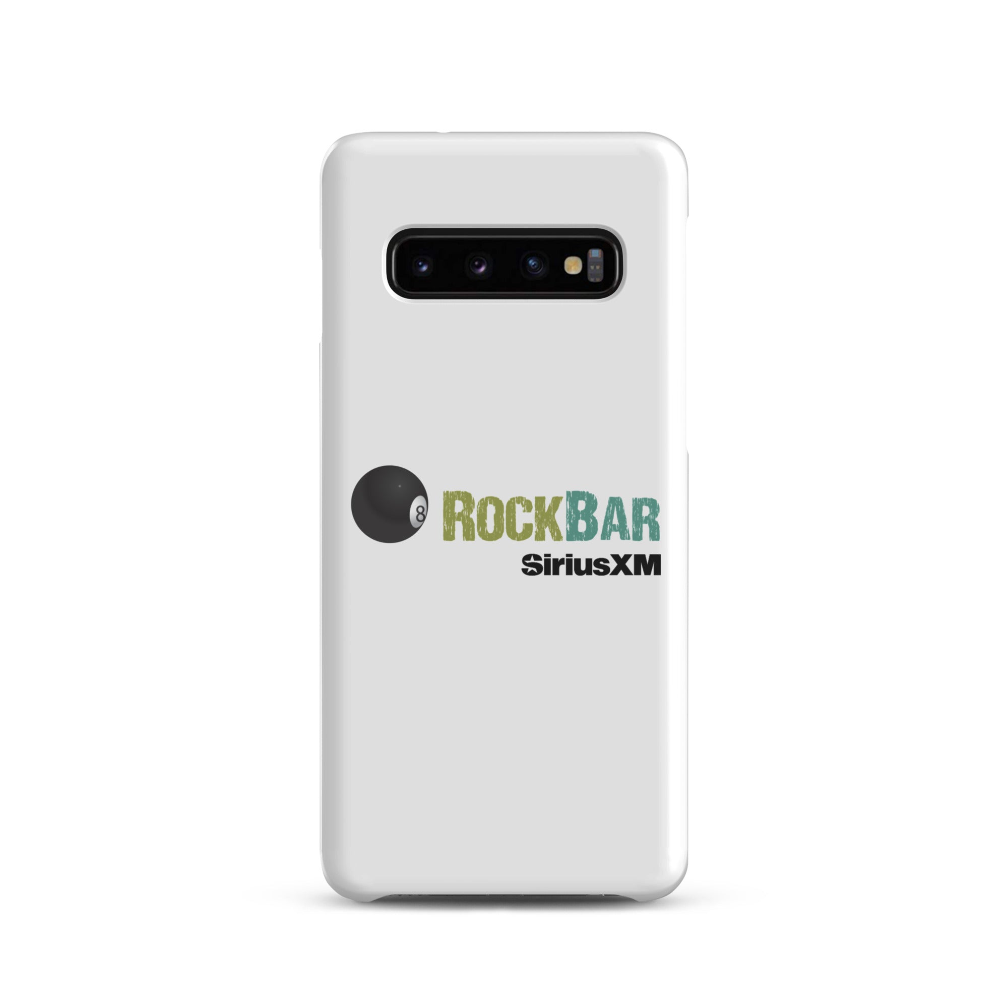 White phone case with 'RockBar' and 'SiriusXM' logos, featuring a black 8-ball graphic.