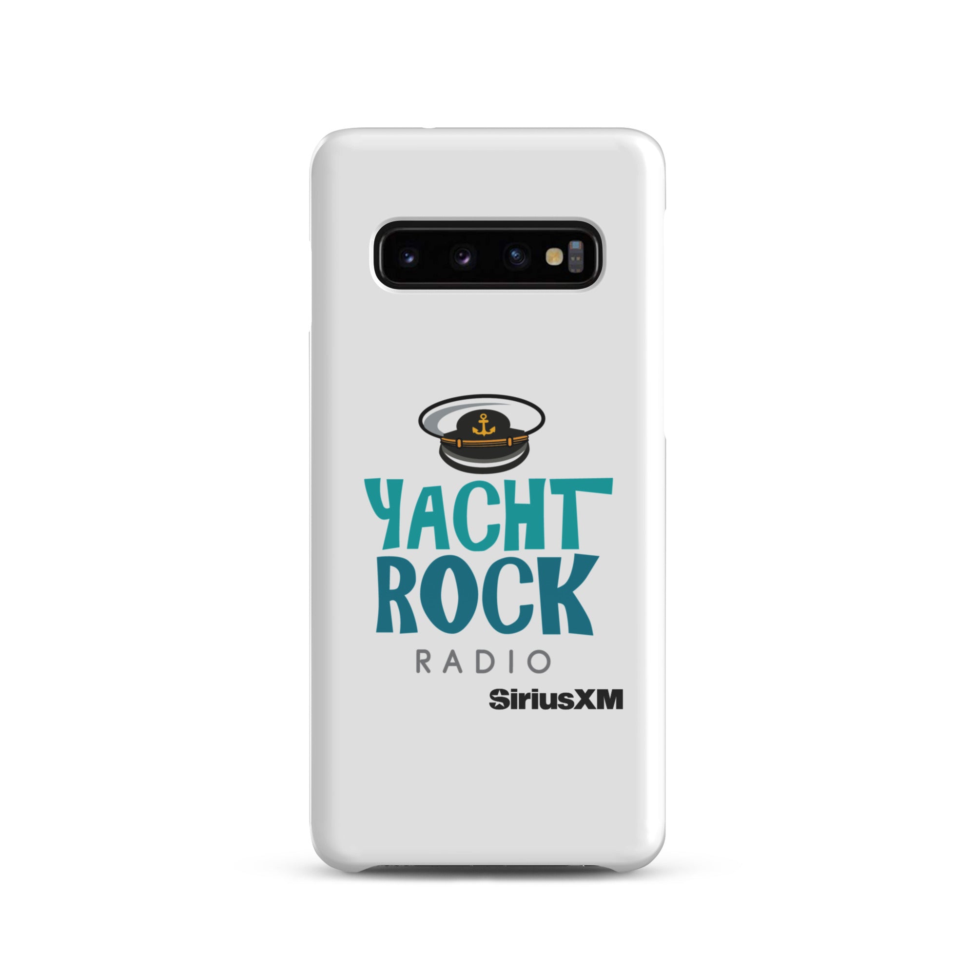 White phone case featuring 'Yacht Rock Radio' logo with a captain's hat and 'SiriusXM' branding.
