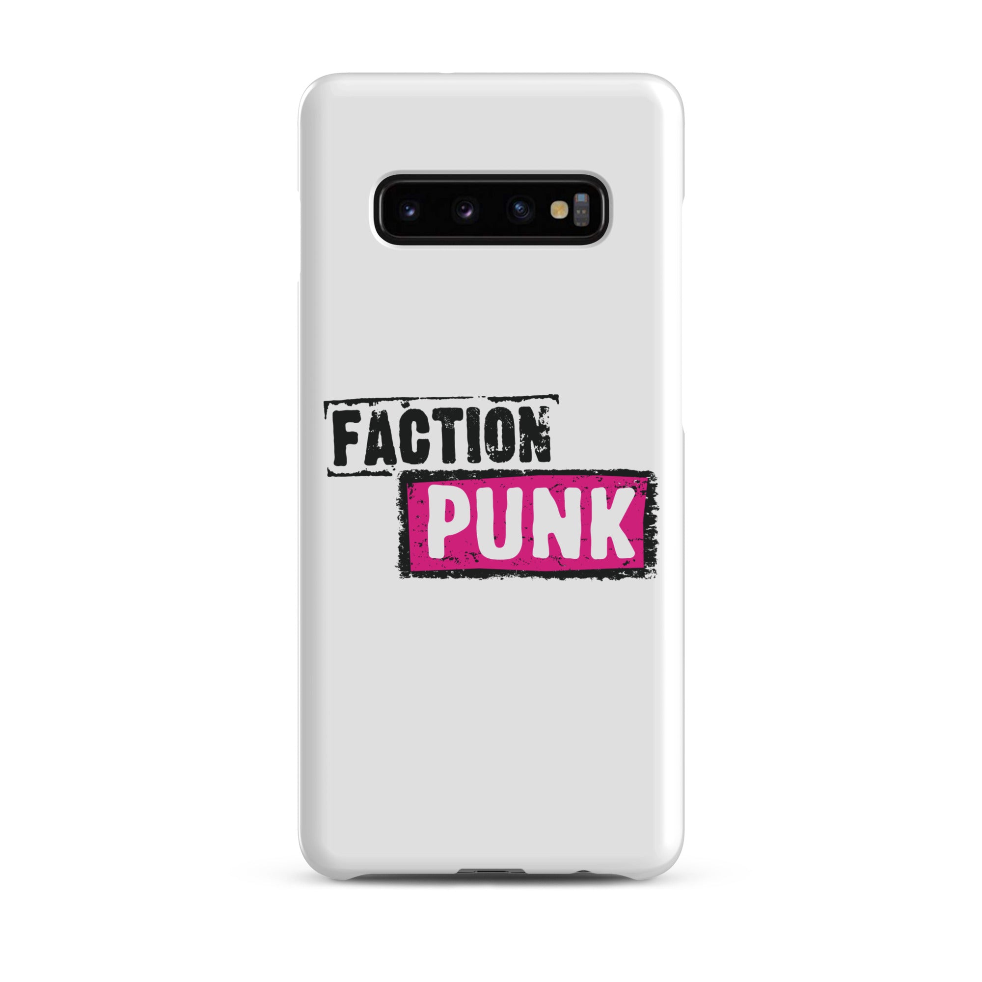 A white phone case with the words 'FACTION PUNK' in bold black and pink lettering.