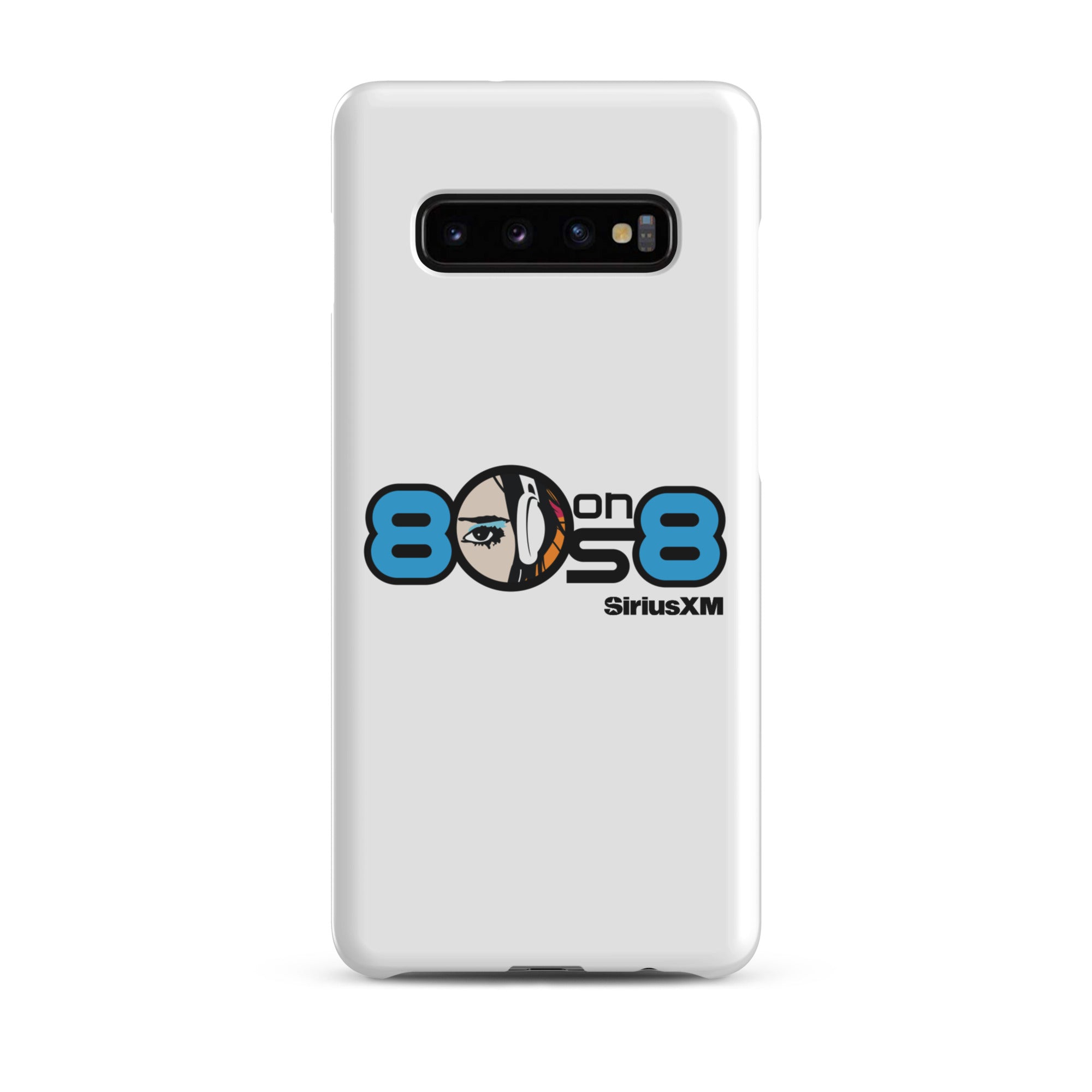 White phone case featuring the '80s on 8 SiriusXM' logo with a stylized face and headphones design.