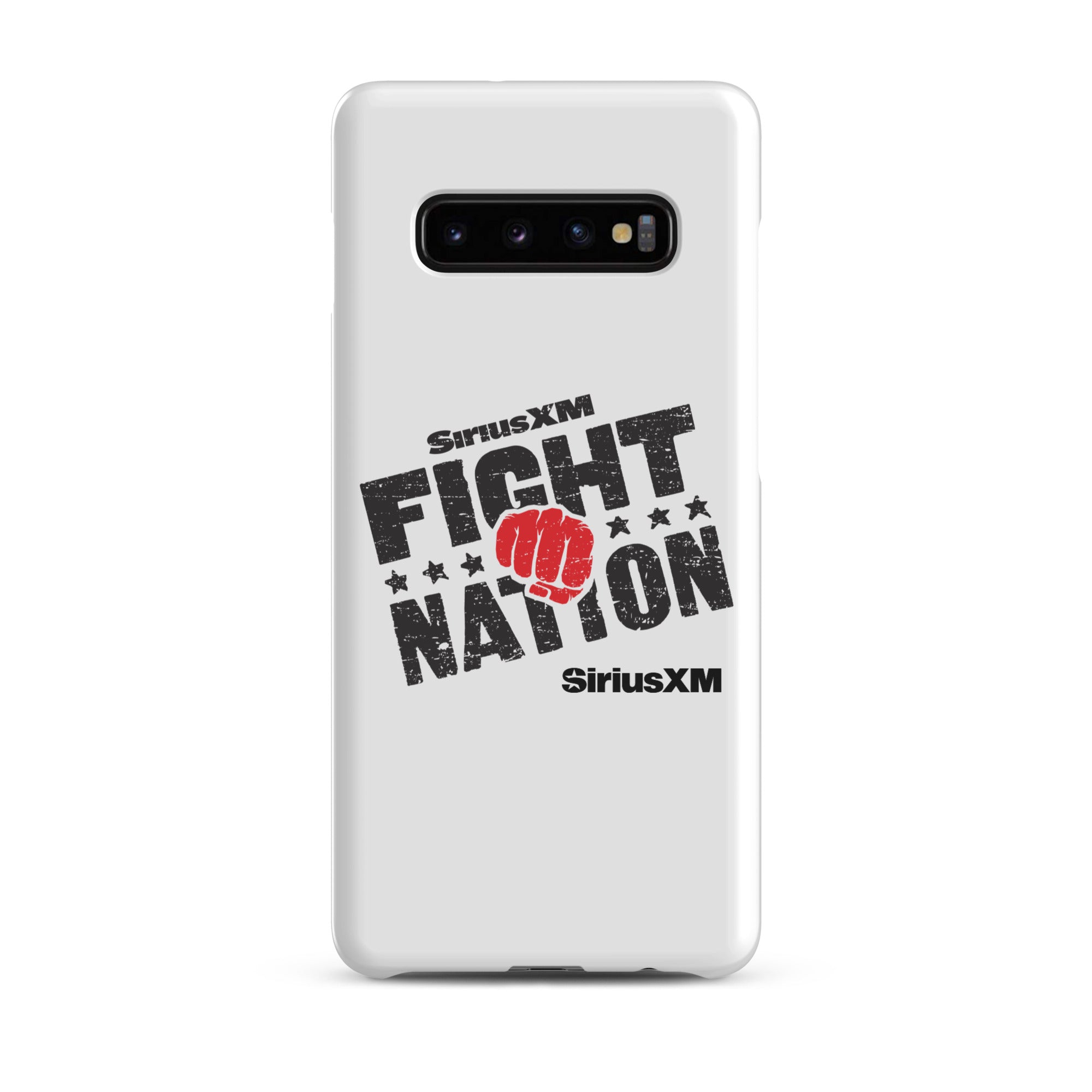 White phone case with 'SiriusXM FIGHT NATION' logo and a red fist graphic.