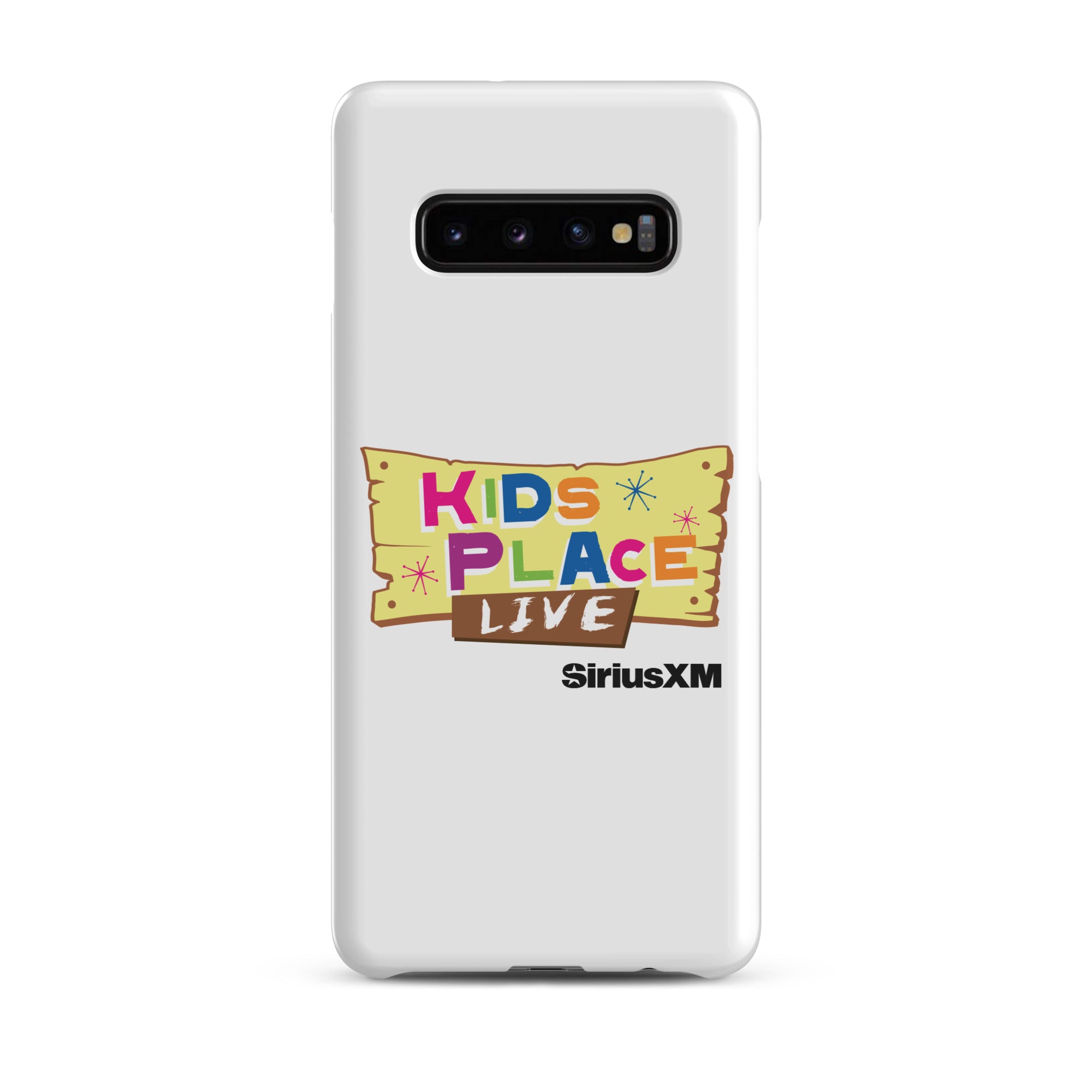 Kids Place Live' logo on a white phone case featuring colorful text and 'SiriusXM' branding.