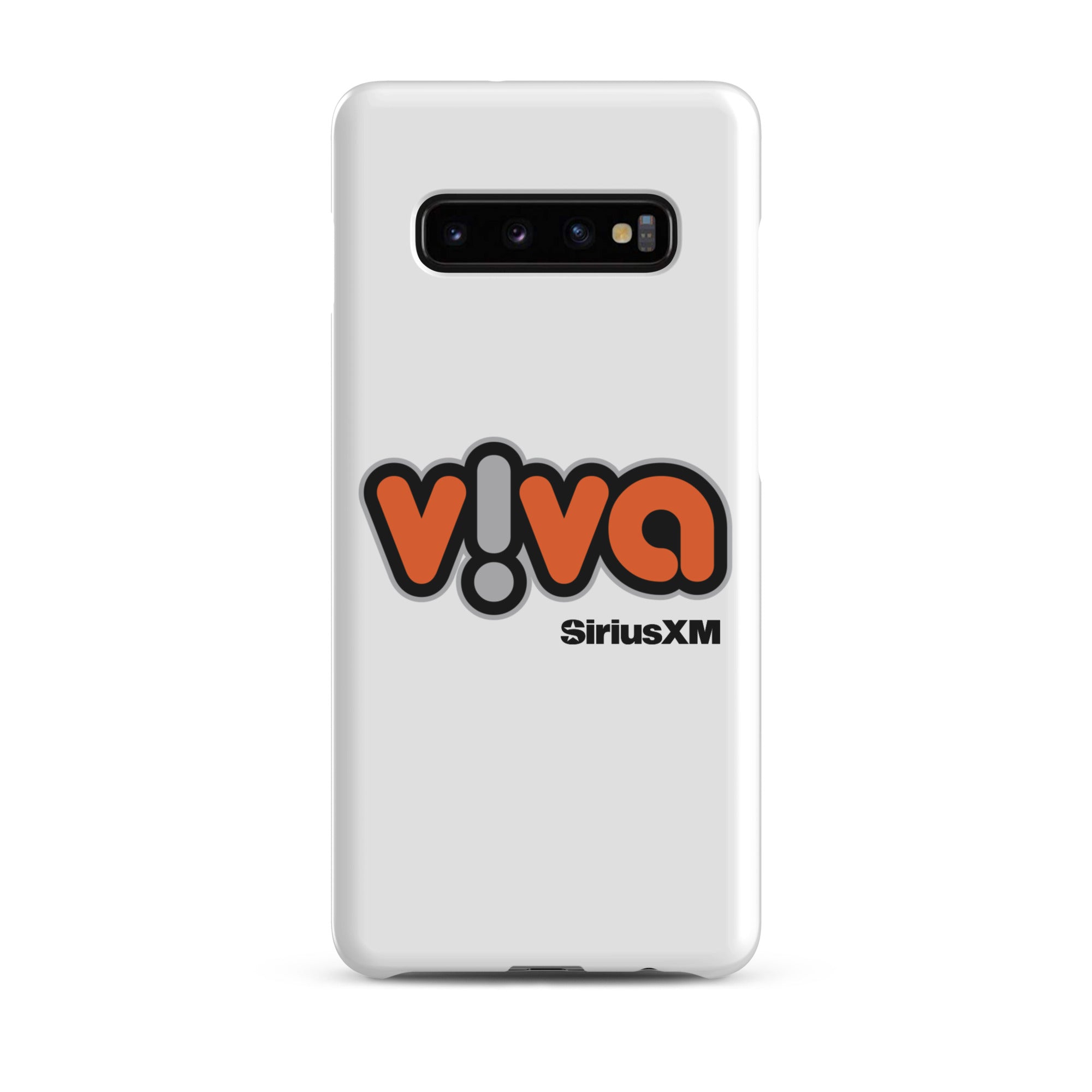 White phone case with 'viva' logo in orange and black, featuring 'SiriusXM' branding.