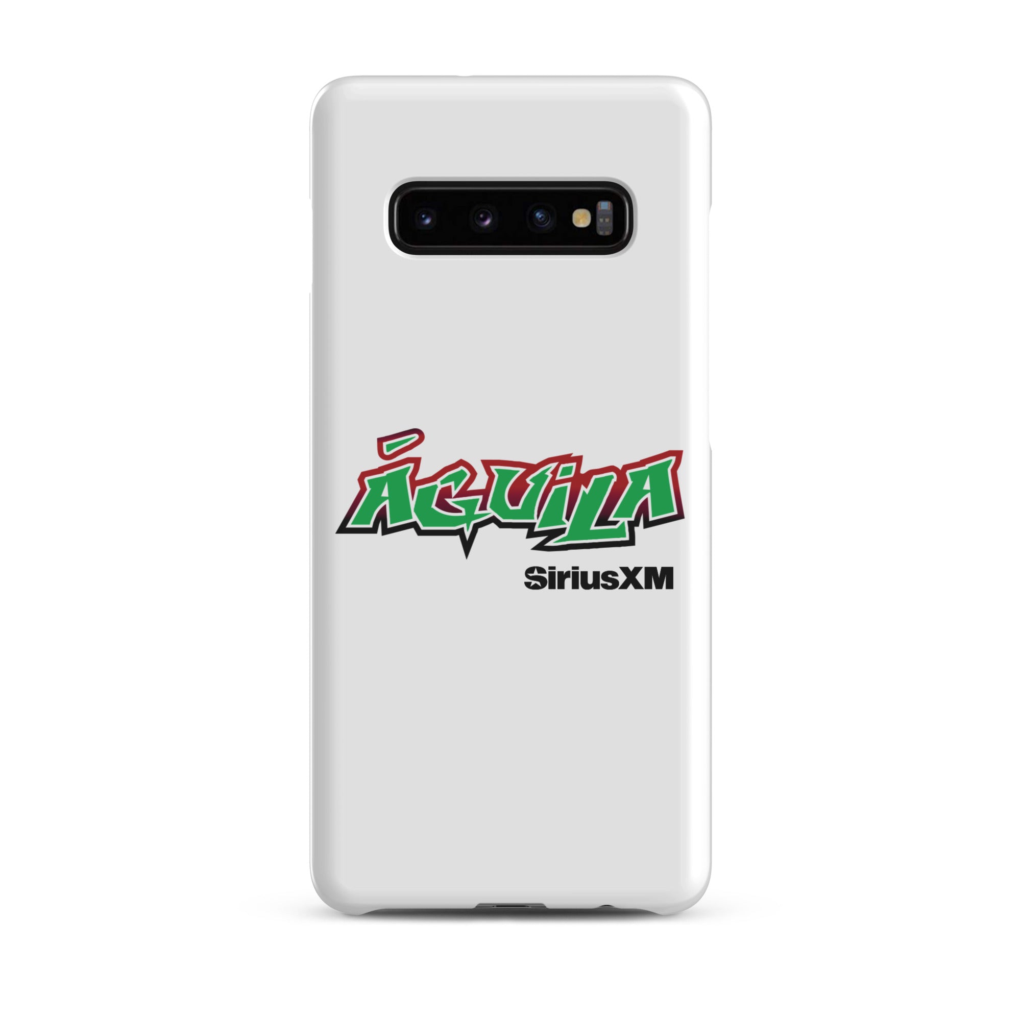 White smartphone case featuring 'Águila' in green and red text with 'SiriusXM' below.
