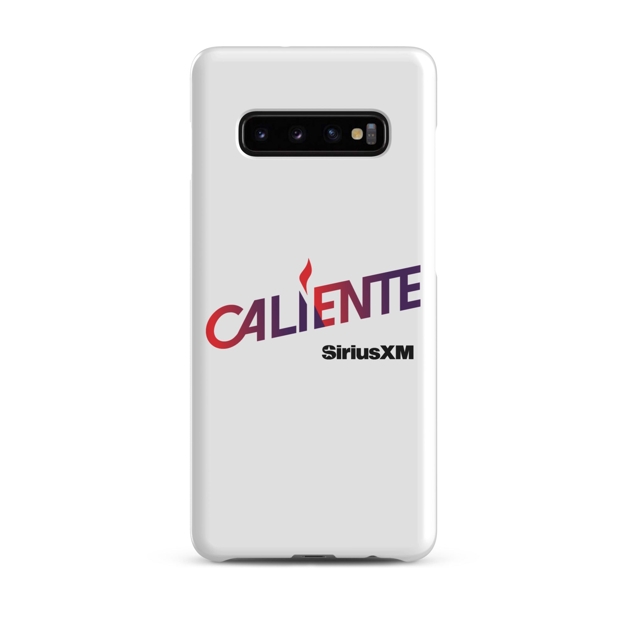 A white phone case with the word 'CALIENTE' in red and purple, and the 'SiriusXM' logo underneath.