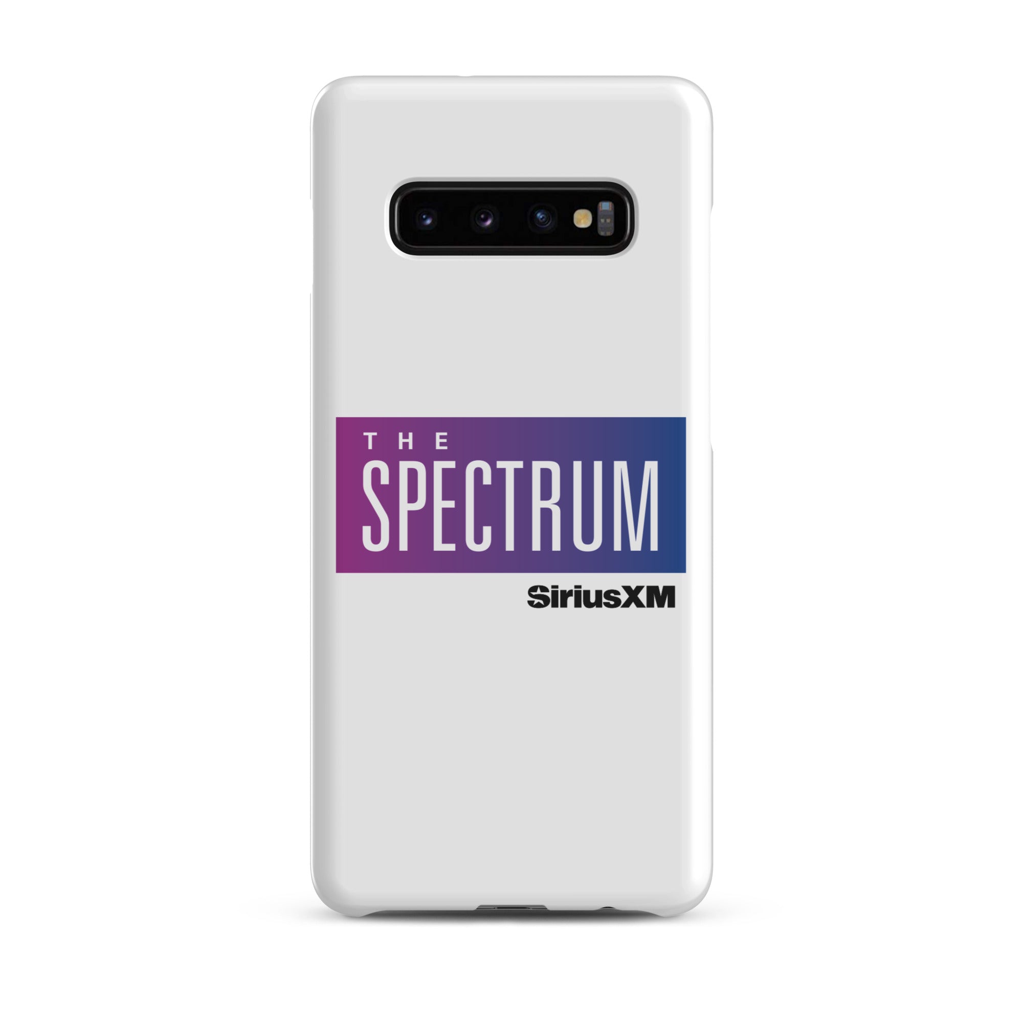 White phone case featuring 'THE SPECTRUM' logo and 'SiriusXM' text in blue and purple.
